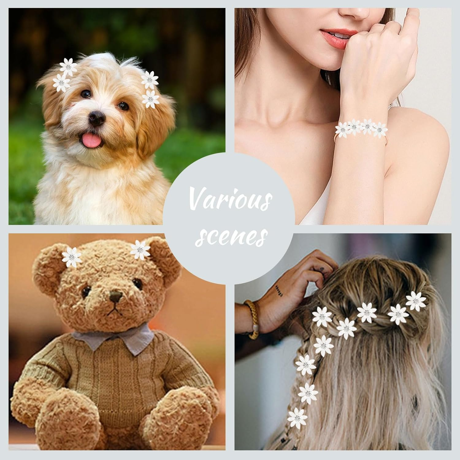 Mezrkuwr Pack of 10 White Mini Flowers Hair Clips with Rhinestones, Eight Leaf Flower Hairpins, Decorative Hair Clips, Wedding Hair Clips, Flower Hair Accessories image number 3