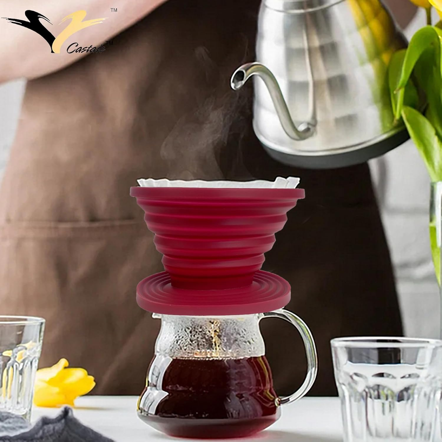 Castaic Collapsible Silicone Coffee Dripper Reusable Coffee Filter Cone for Hiking, Camping, Home, Office, Backpacking, Camping and Outdoor Survival (Red) image number 4