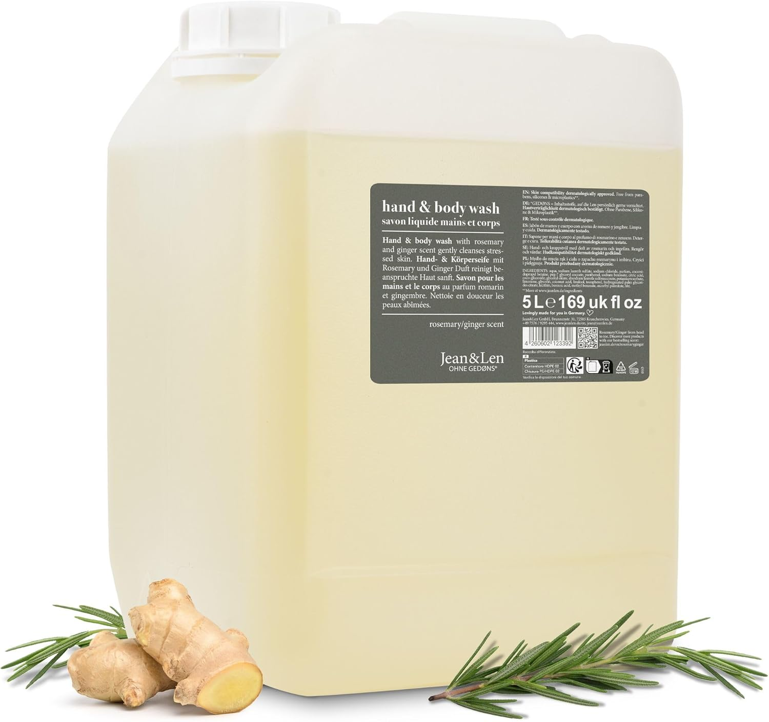 Jean & Len Hand & Body Wash Rosemary and Ginger in Canister, Cleans and Nourishes the Skin, Spicy Fresh Fragrance, Liquid Soap in Refill Canister, Silicone, Parabens & Microplastics, 5 L image number 4