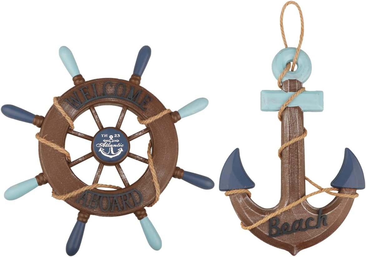 2 Pack 11 Wooden Ship Wheel and Wood Anchor with Rope Nautical Boat Steering Rudder Wall Decor Door Hanging Ornament (2)
