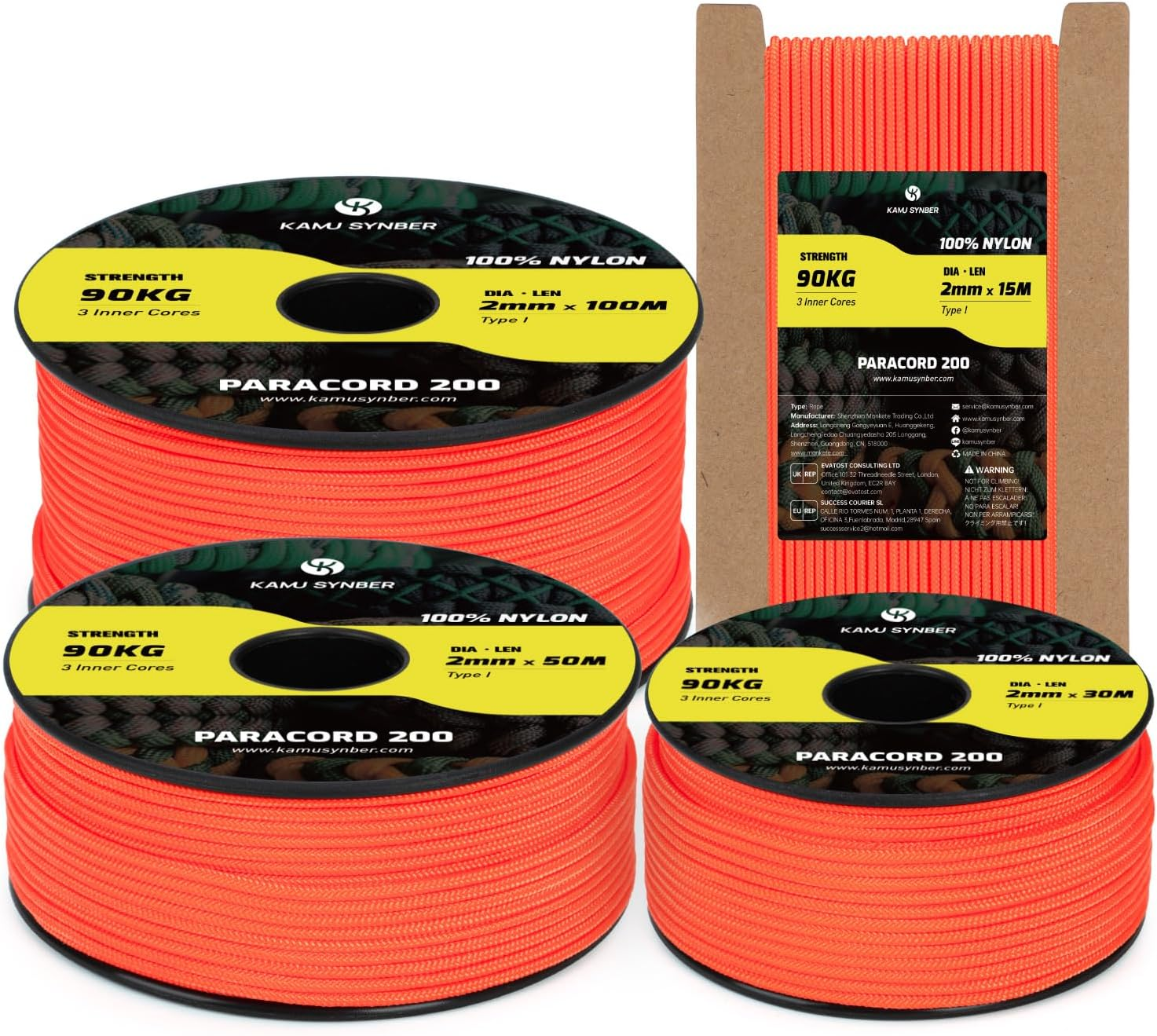 Paracord 2Mm 3 Strands 30M 100% Nylon Rope Type I Parachute Cord for Craft, Outdoor, DIY, Camping | Support 90Kg | Neon Orange image number 2