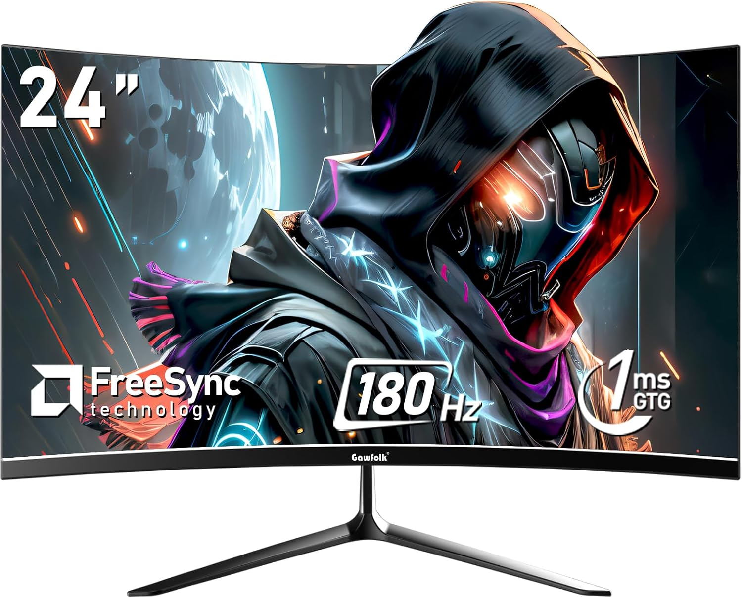 Gawfolk Gaming Monitor 24 Inch Curved 180Hz, PC Screen Full HD 1080P, 2800R Frameless Curved Computer Screen with Freesync, Eye-Care Technology, HDMI, DP, VESA 75X75