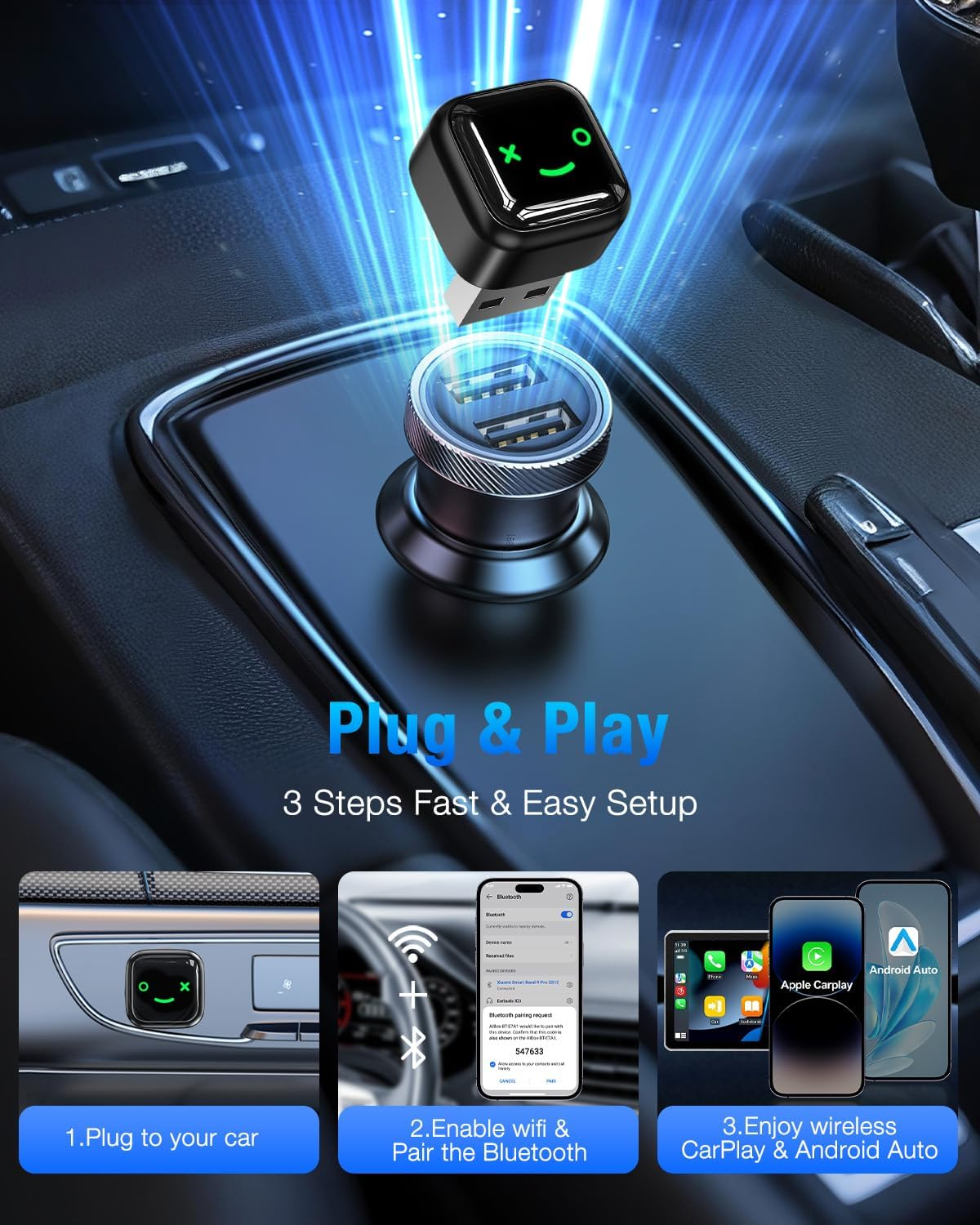 Oolong Wireless Carplay Adapter for Iphone,Converts Wired Carplay to Wireless,Usb A/C Mini Size,Retains Original Car Controls, Plug & Play Car Play Dongle for Iphone Ios 10+/ Android 11+/ Cars 2016+ image number 1