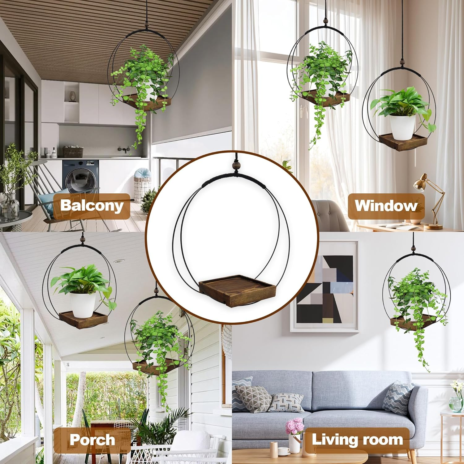 2 Pack Hanging Plant Holder, Metal Wall Hanging Planter with Wood Base, Plant Hangers Indoor, Hanging Flower Basket for Outdoors, Swinging Plant Pot for Room Ceilings Window (Brown) image number 6