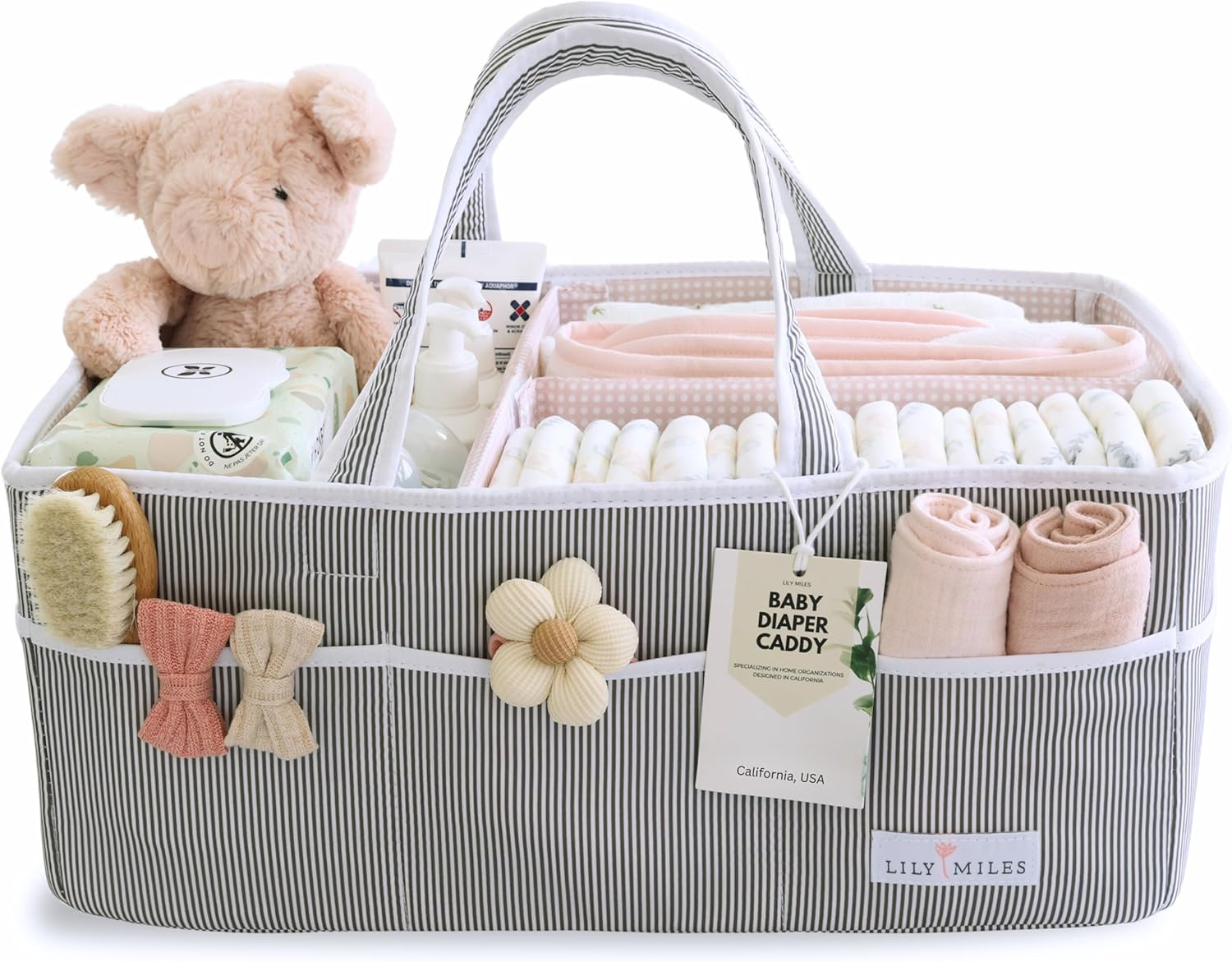 Lily Miles Baby Diaper Caddy - Large Organizer Tote Bag for Infant Boy or Girl - Baby Shower Basket - Nursery Must Haves - Registry Favorites - Collapsible Newborn Caddie Car Travel