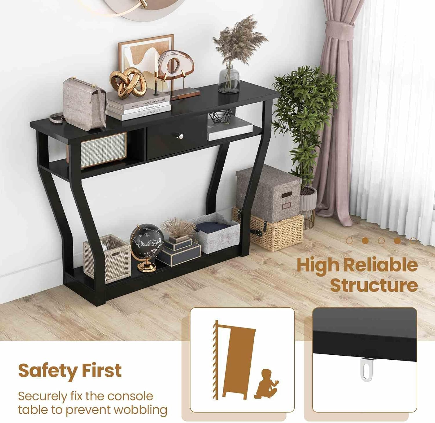 Costway Console Table, Side Table with 3-Step Storage Space and Drawer, Hallway Table for Living Room & Entrance Area & Dining Room, Loadable up to 60 Kg with Antique Tip Design, Made of MDF image number 6