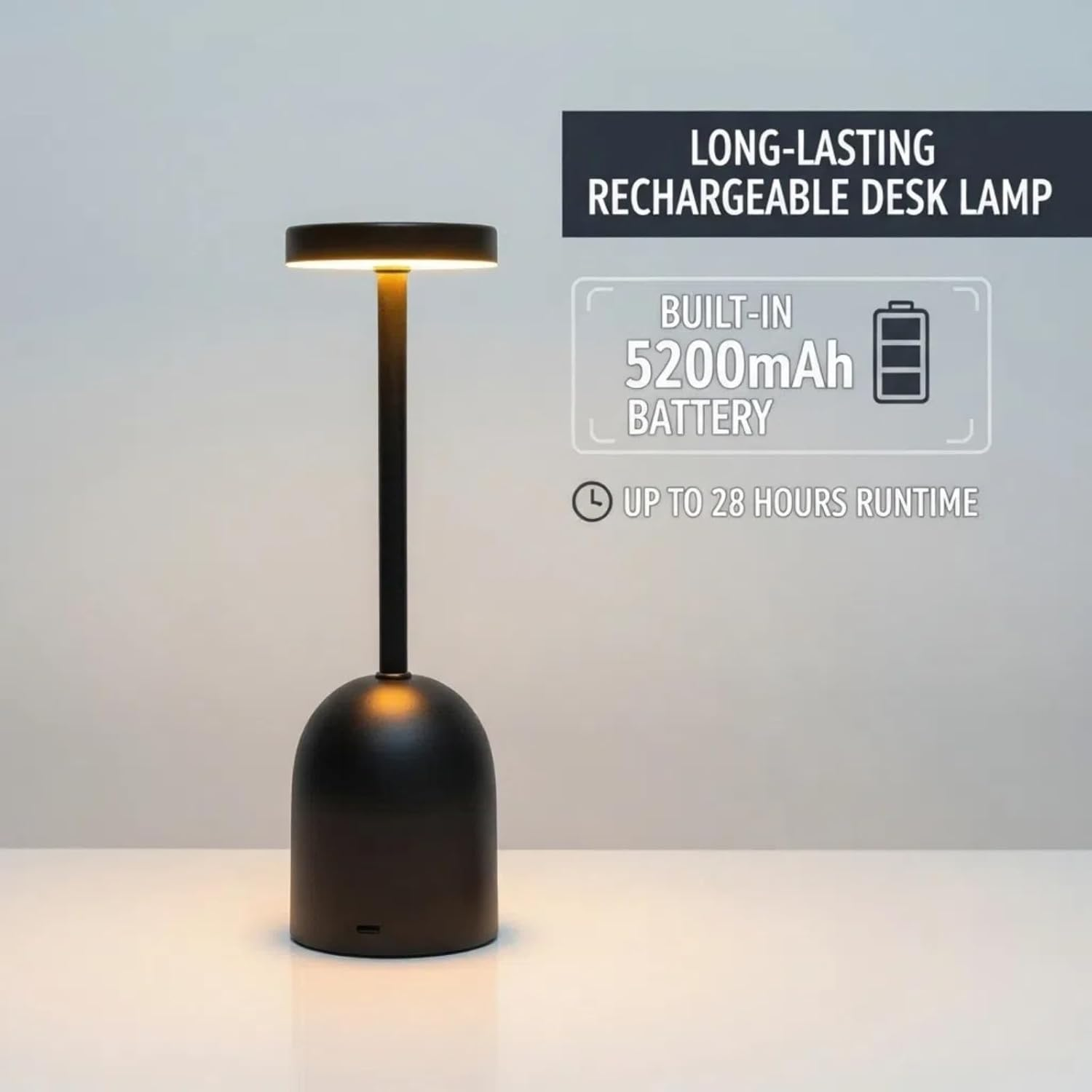 Howeifull LED Table Lamp Wireless, USB-C Rechargeable 5200 Mah Small Table Lamp Battery, Dimmable Touch LED Metal Table Lamp with 3 Colour Temperatures, Portable for Modern Living Room, Children'S image number 3