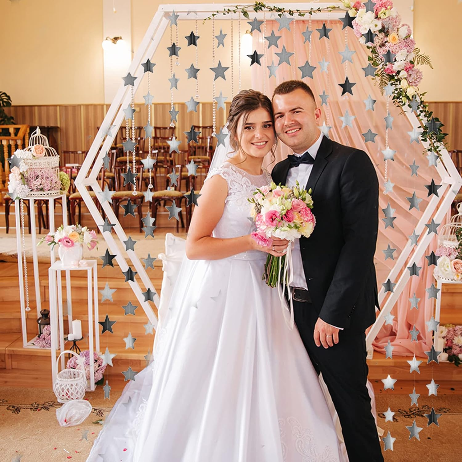 52 Feet Reflective Star Paper Garland, Glitter Bunting Banner Hanging Decoration Twinkle Little Star Party Garlands Streamer Kit for Birthday Wedding Banner Backdrop (Silver) image number 3