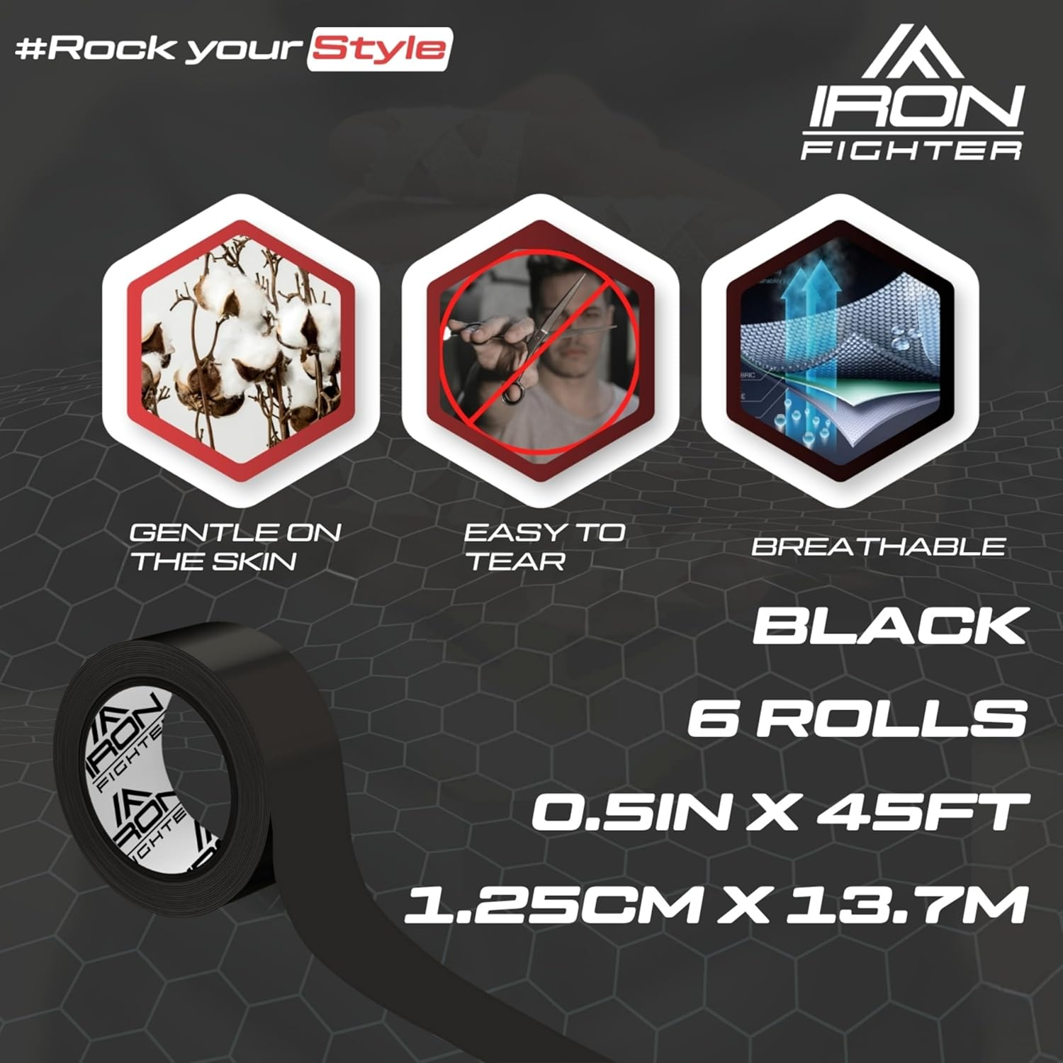 6X Rolls of Athletic Finger Tape Sports 1,25CM/0.5IN X 13,7M/45FT - BJJ Brazilian Jiu Jitsu - Rock Tape for Climbing - Crossfit - Judo - Volleyball - Black Sports Tapes Strapping