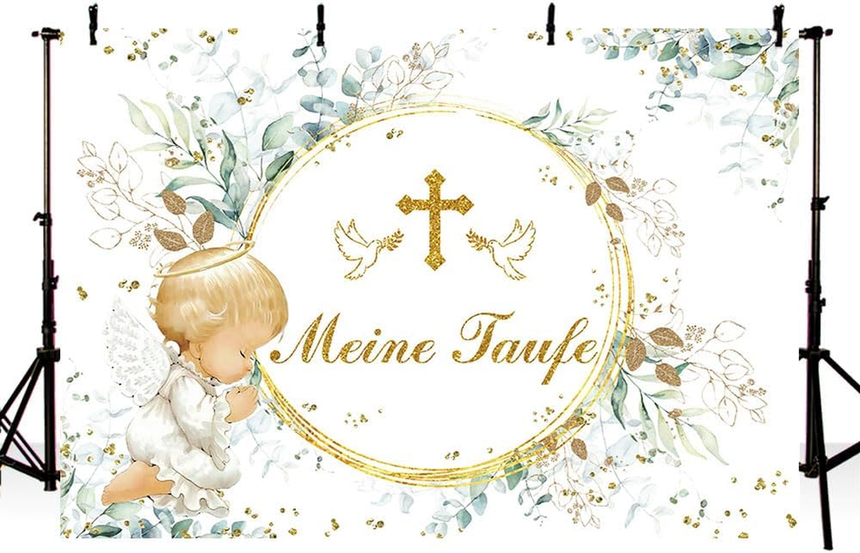 MEHOFOND 2.1 X 1.5 M My Christening Background Baby Angel Eucalyptus Leaves Flowers Background Boys Girls Newborn Baby Shower First Communion Christening Party Banner Photo Props image number 2