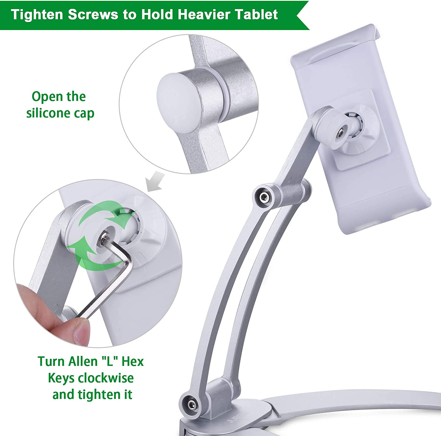 Cenawin Adjustable Tablet Stand - Universal Tablet Holder, Kitchen Tablet Wall Mount, Desktop Stand Dock with Aluminum Arm Compatible for 5-12.9 Inch Ipad, Ipad Pro/Air/Mini, Iphone 12/Max Pro, Switch image number 6