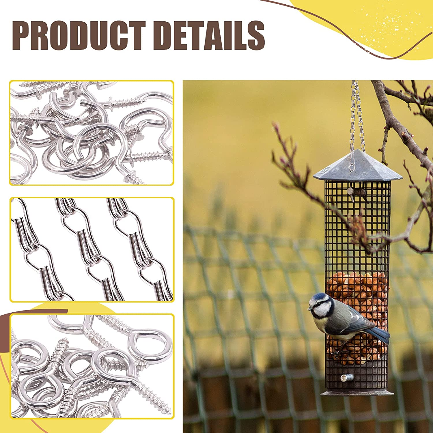16 Sets 3 Types Long Hanging Basket Chains and Hooks Assortment Kit Chains Hanger for Bird Feeders, Planters, and Decors Suitable for Home Apartment Bedroom Indoor or Outdoor Use image number 5