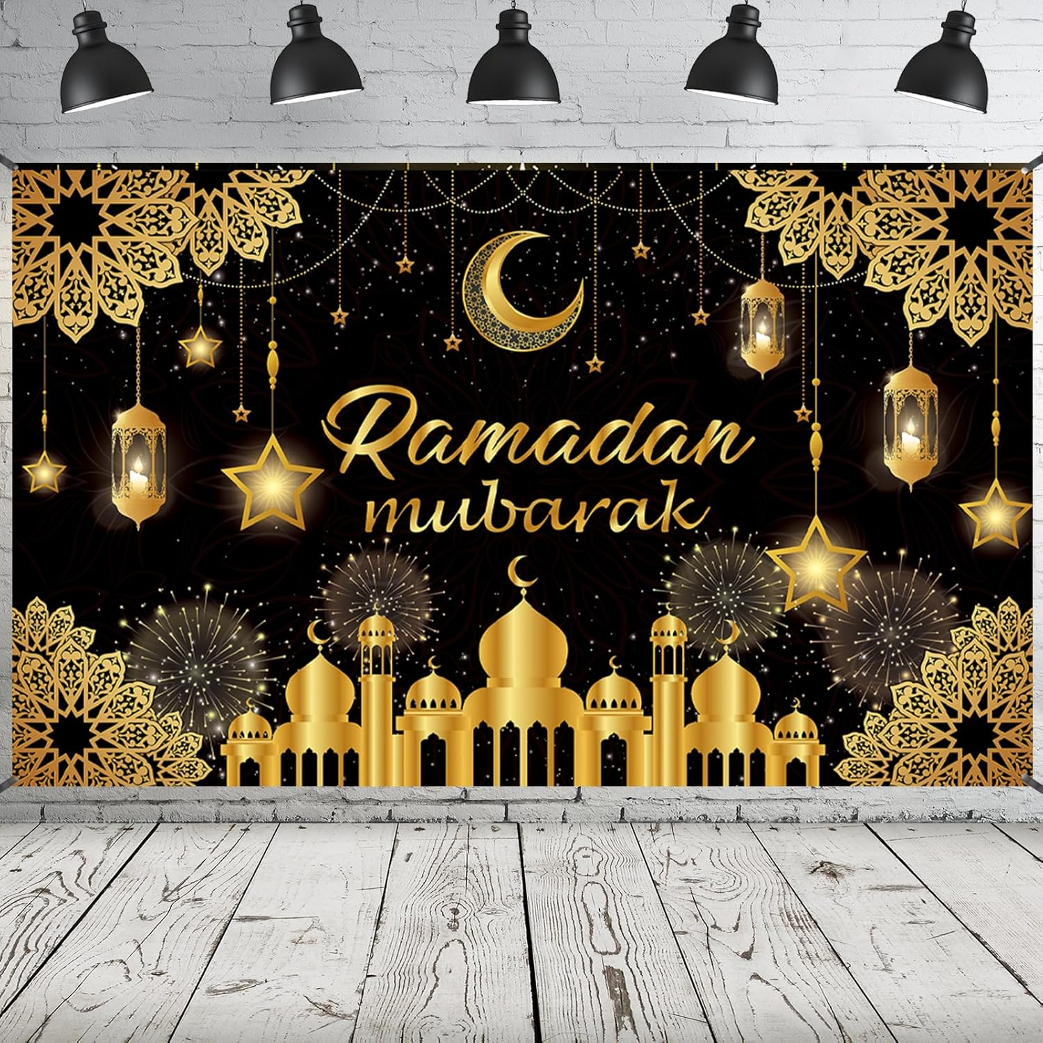 Ramadan Mubarak Banner 2025, Extra Large Fabric Eid Kareem Backdrop for Decorations, 72 X 44 Inch Star Moon Lanterns Castles Photo Booth Background for Islamic Muslim Al-Fitr Party Supplies