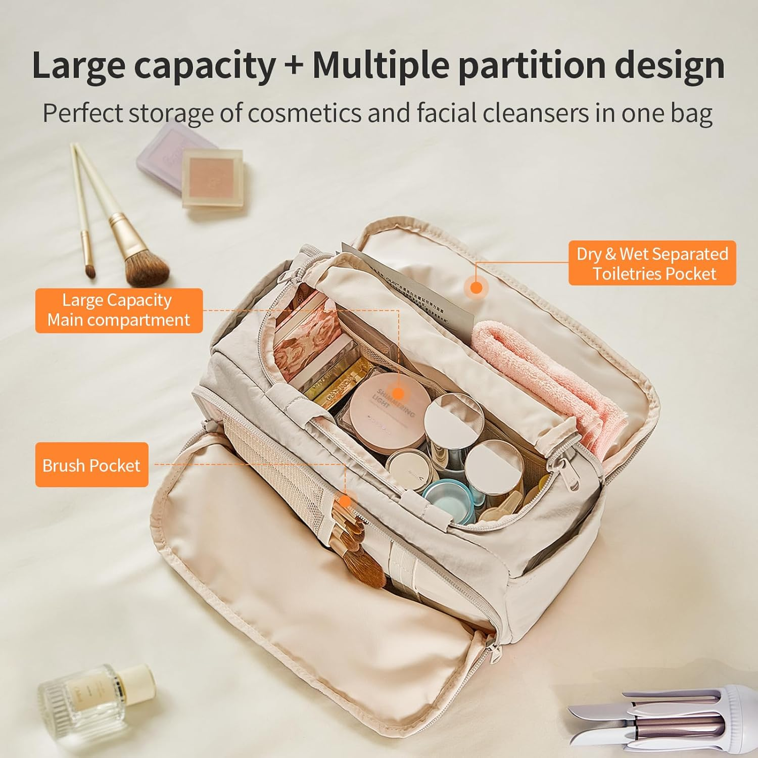AJI Toiletry Bag Makeup Bag: Travel Toiletry Bag Cosmetic Bag - Lightweight Water-Resistant Travel Makeup Bag - Multiple Pockets Makeup Case for Makeup Storage Travel Toiletries (Milkshake White) - Milkshake White image number 6