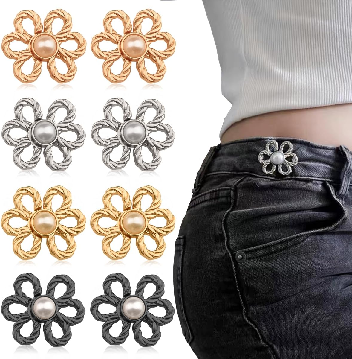 8 Sets Flower Jeans Button Pant Waist Tightener, Adjustable Waist Buckle Sets No Sew and No Tools Detachable Decorative Buckles, Jean Buttons Pins for Loose, Pants, Skirts, Sleeves image number 6