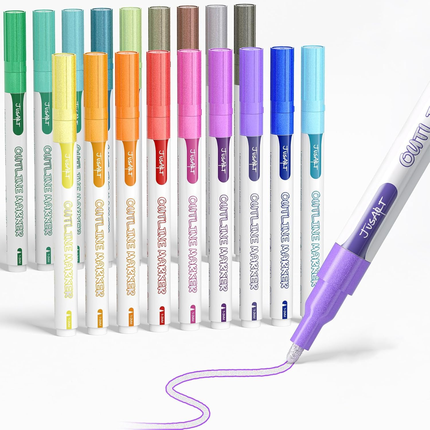 Jusart Outline Markers 12 Colors, Double Line Glitter Markers for Greeting Card Art Crafts, Girls Teens Stocking Stuffers Shimmer Metallic Sparkle Painting Drawing Supplies