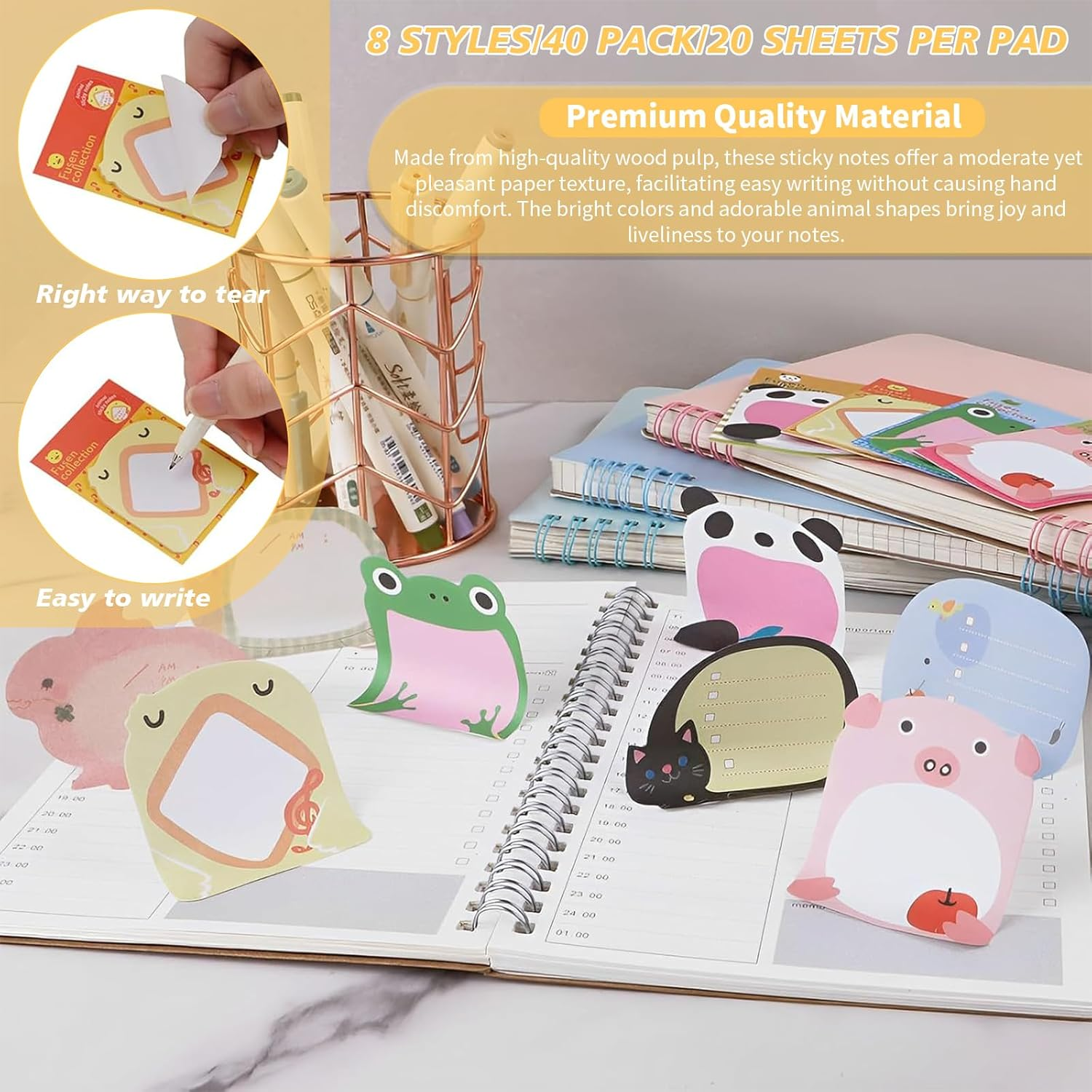 40 Pack Cute Animals Sticky Notes, 8 Kinds Cartoon Animals Sticky Note, Cartoon Refrigerator Sticky Notes, Self-Stick Message Notes for School Office Memo Student Gifts (800 Sheets)