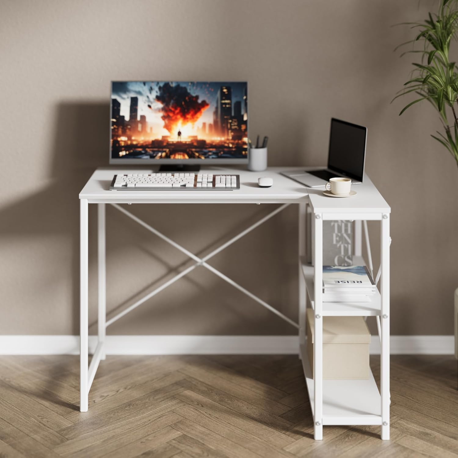 Zinus 100 Cm L-Shaped Computer Desk with Storage Shelves, Corner Desk, Metal Legs, Modern Simple Writing Table, Perfect for Small Space, White image number 4