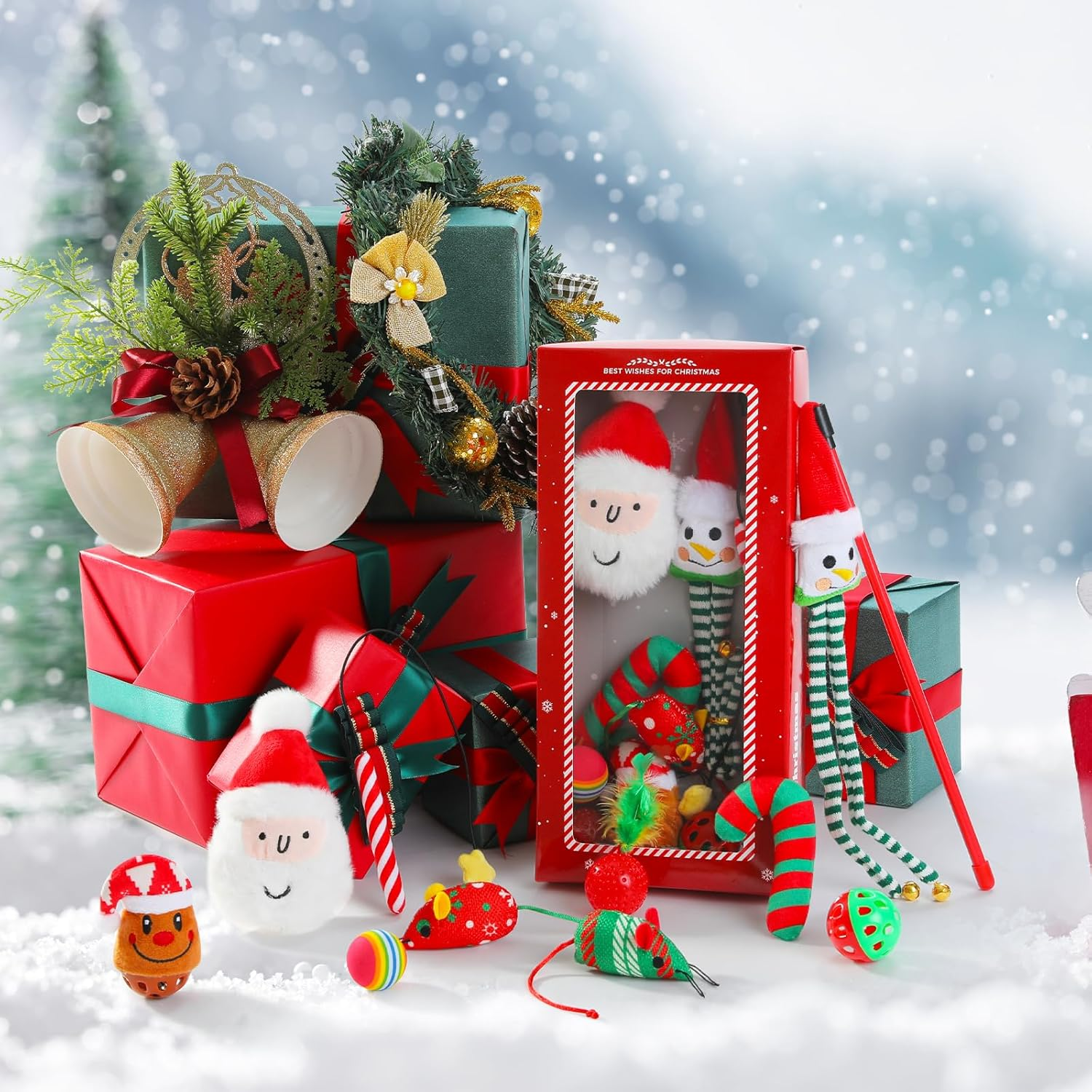 PAWZ Road Christmas Cat Toys 10 Piece Set Plush Santa Candy Cane, Reindeer Bell Ball, Mice & Feathers, Cats & Kittens image number 1