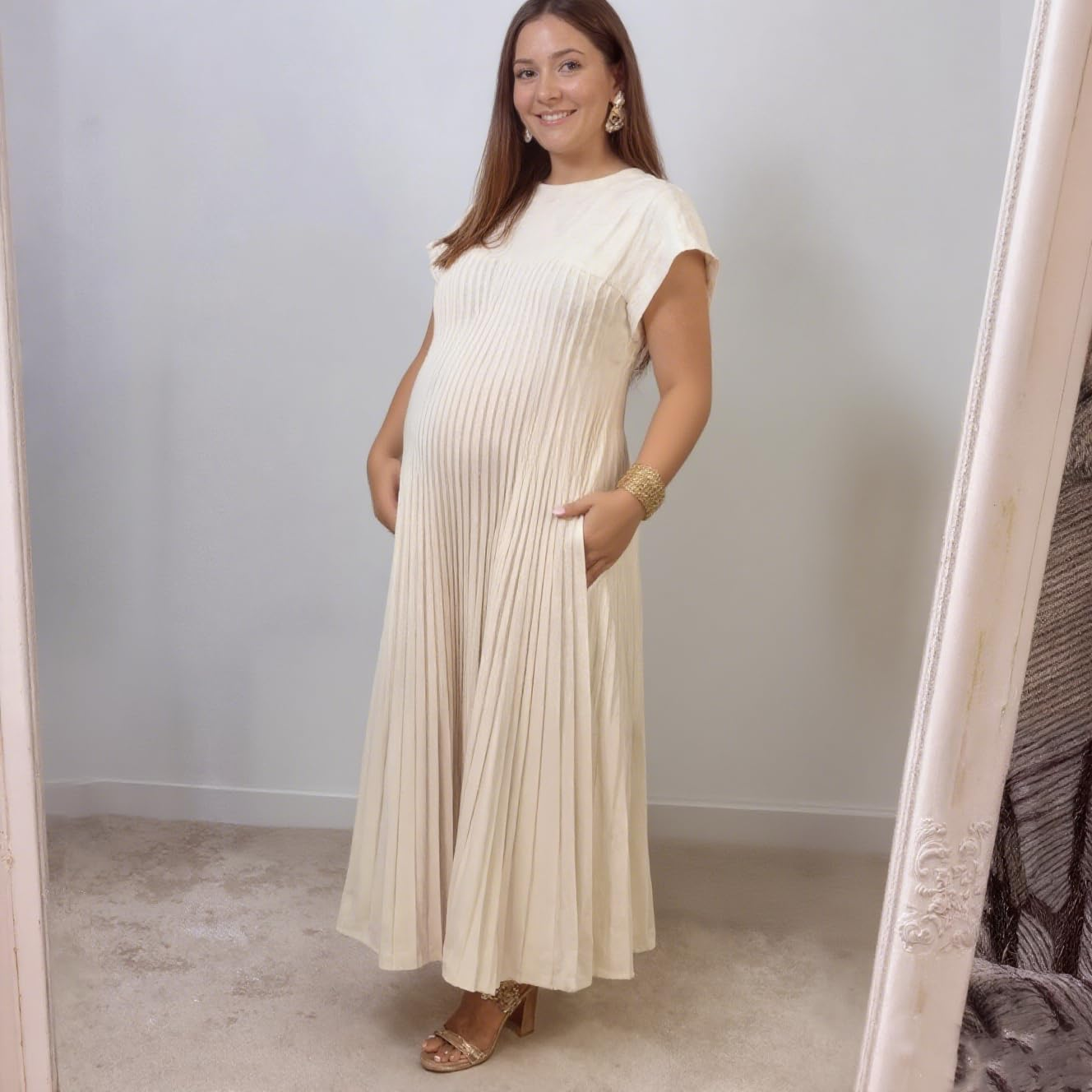 2025 Spring New Maternity Long Sleeve round Neck Pleated Dress Comfortable image number 4