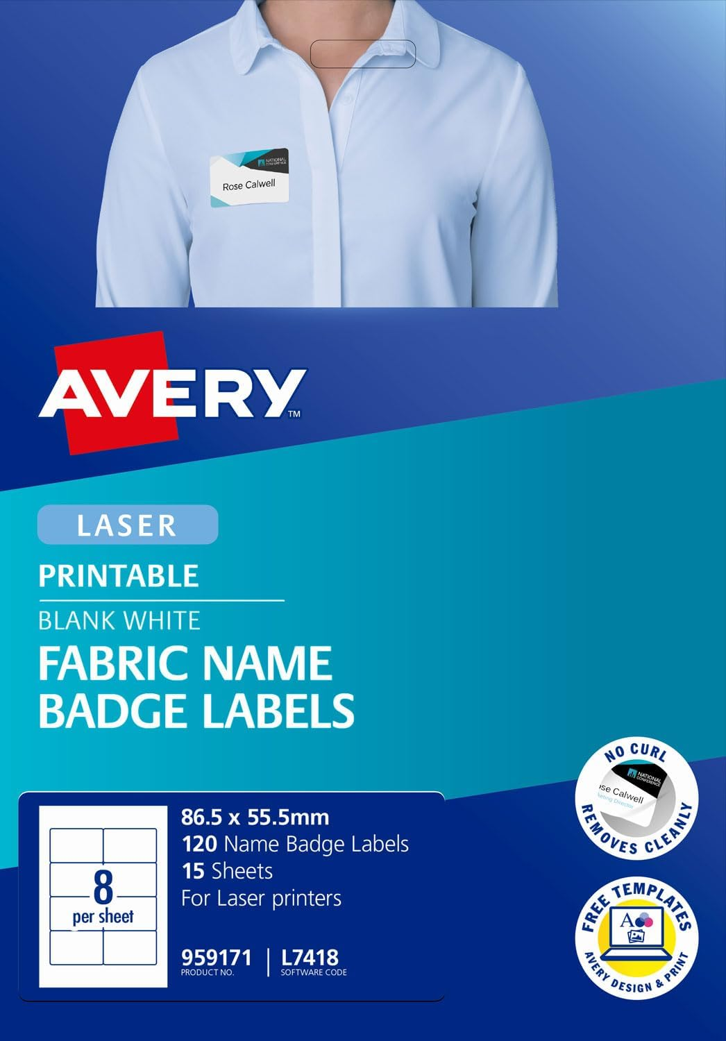 Avery Australia Printable Fabric Name Badge Labels - Personalised Name Tags - 405 Self Adhesive Naming Stickers for Laser Printers - White 235 GSM - 55.5 X 86.5 Mm, 15 X A4 Sheets - 959171 / L7418 image number 3
