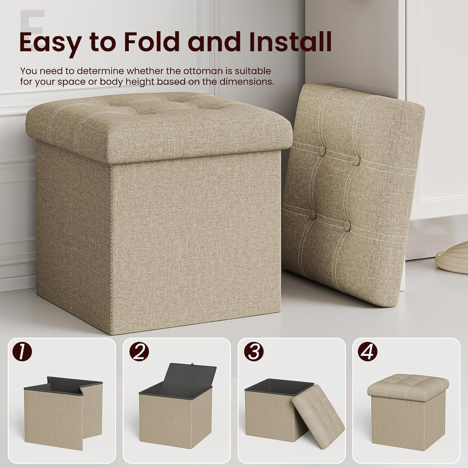 Mofish 15/30 Inch Folding Storage Ottoman Bench,Storage Chest Footrest Step Stool with Padded Seat for Bedroom Hallway Living Room, End of Bed Storage Seat, Linen Fabric image number 1