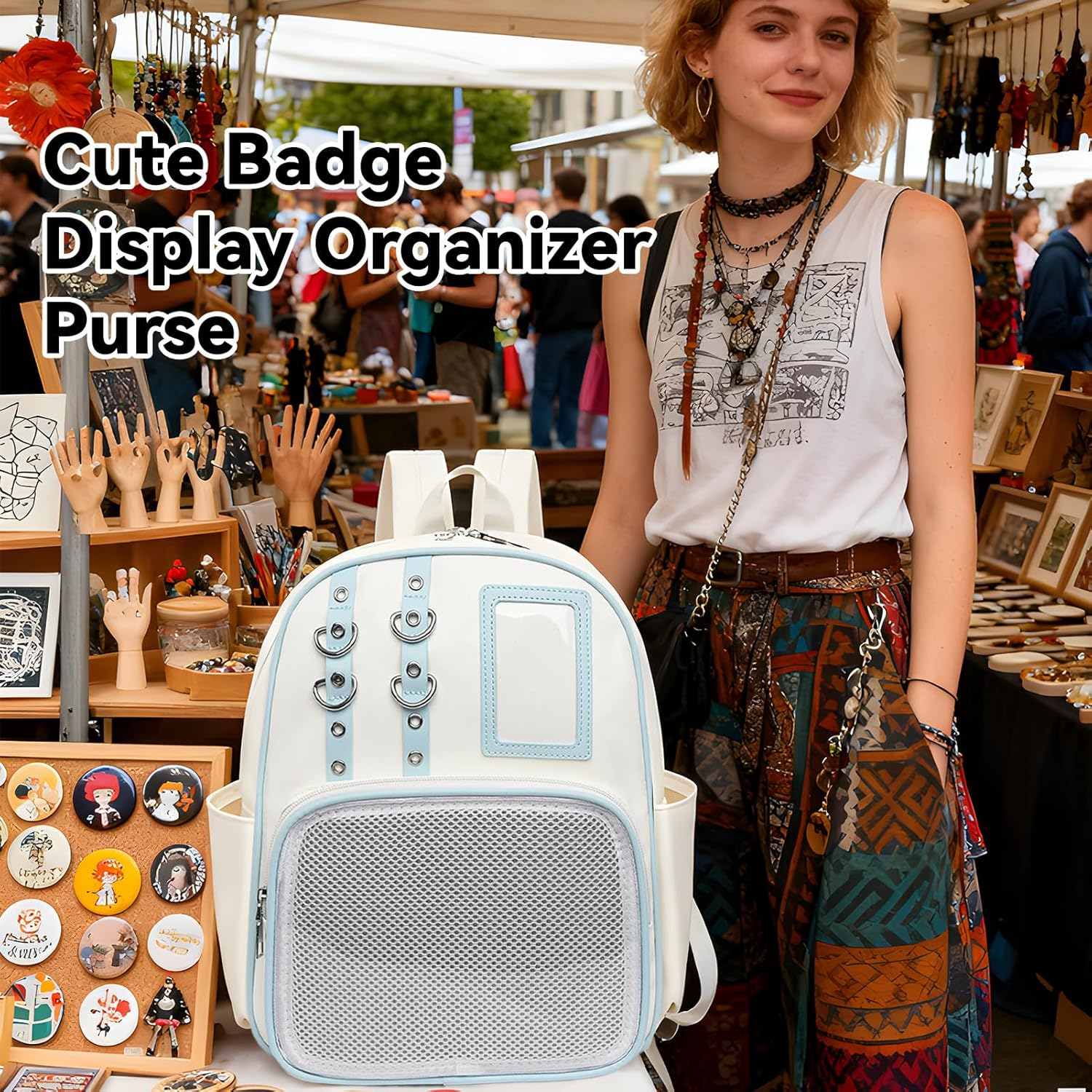 PU Bag | Aesthetic Storage Pouch with Pin Board,Badge Display Bag | for Work Fitness Everyday Sports Travel Luggage Hiking Comic Con Outdoors image number 6