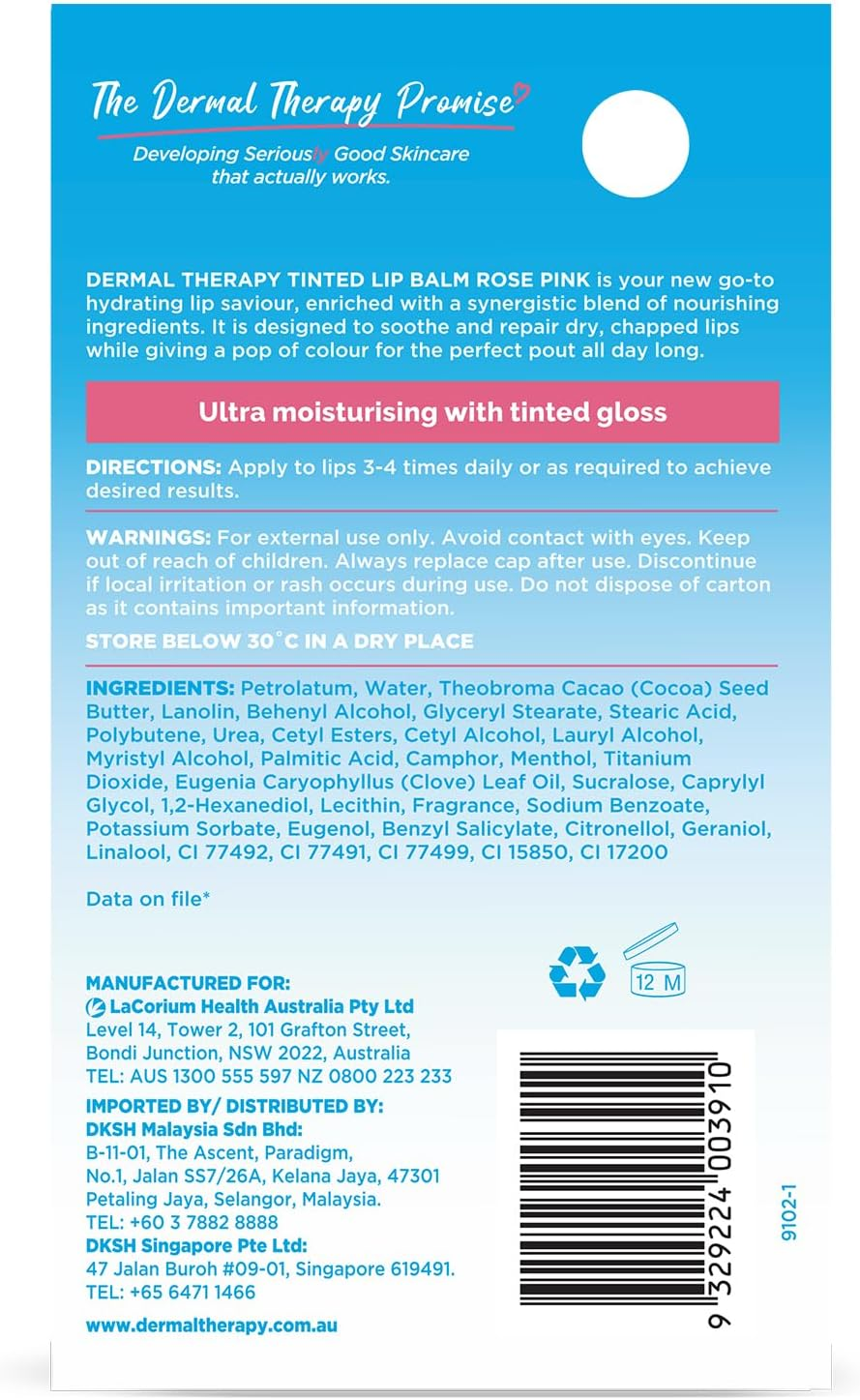 Dermal Therapy Tinted Lip Balm Rose Pink | Ultra Moisturising | 8G