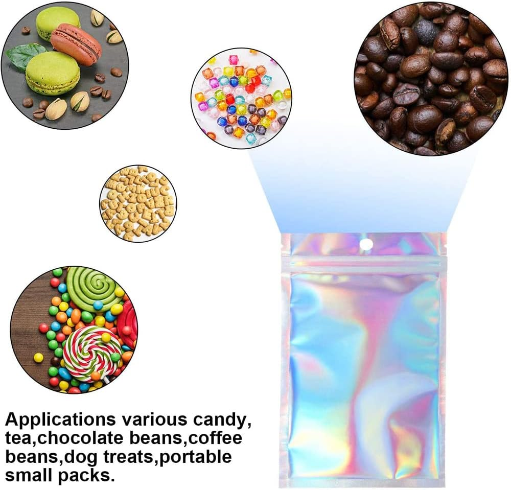 50PCS Food Storage Pouch Holographic Resealable Mylar Zip Aluminum Foil Bag (9X16Cm) image number 6