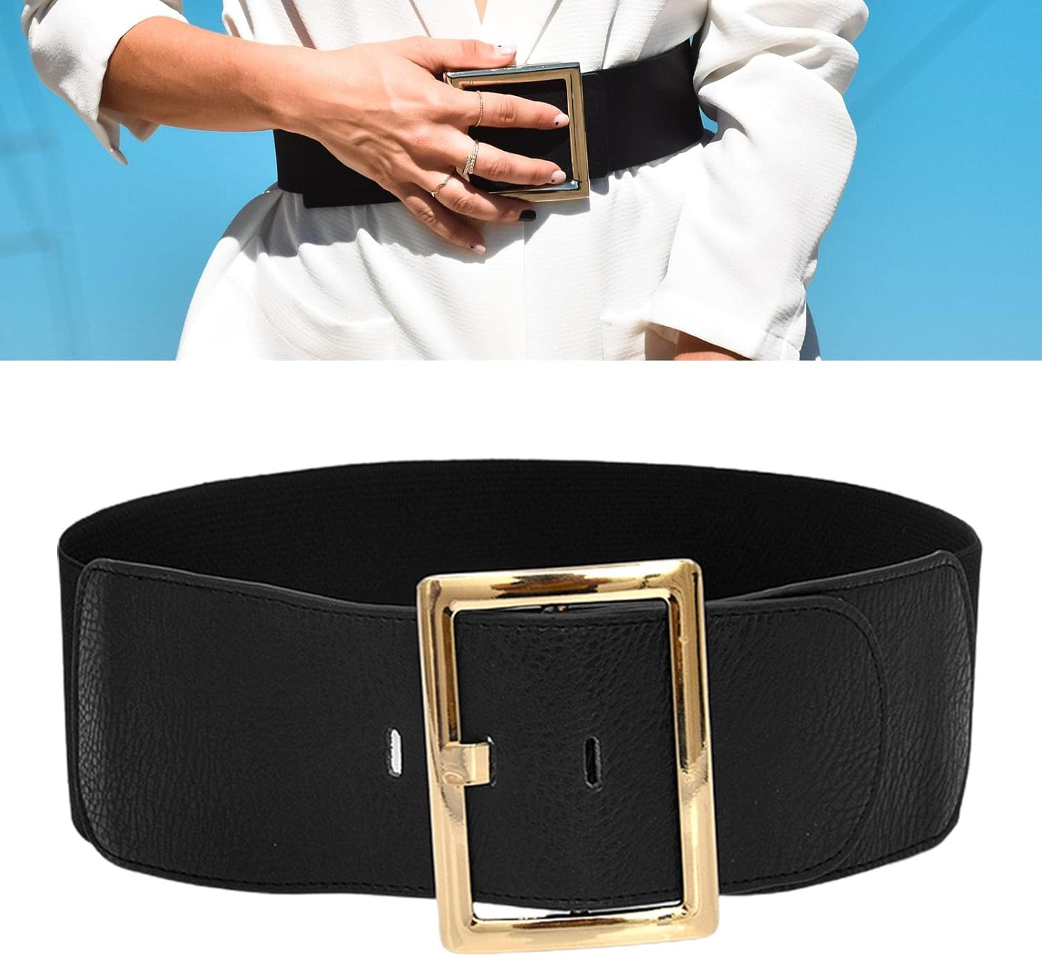 Yuksok Women'S Stretch Belt,Cinch Belt,Wide Elastic Belt, Chic,Soft Vintage Style, Metal Buckle Cinch Waistband Women Wide Waist Belt for Dress Coat image number 2