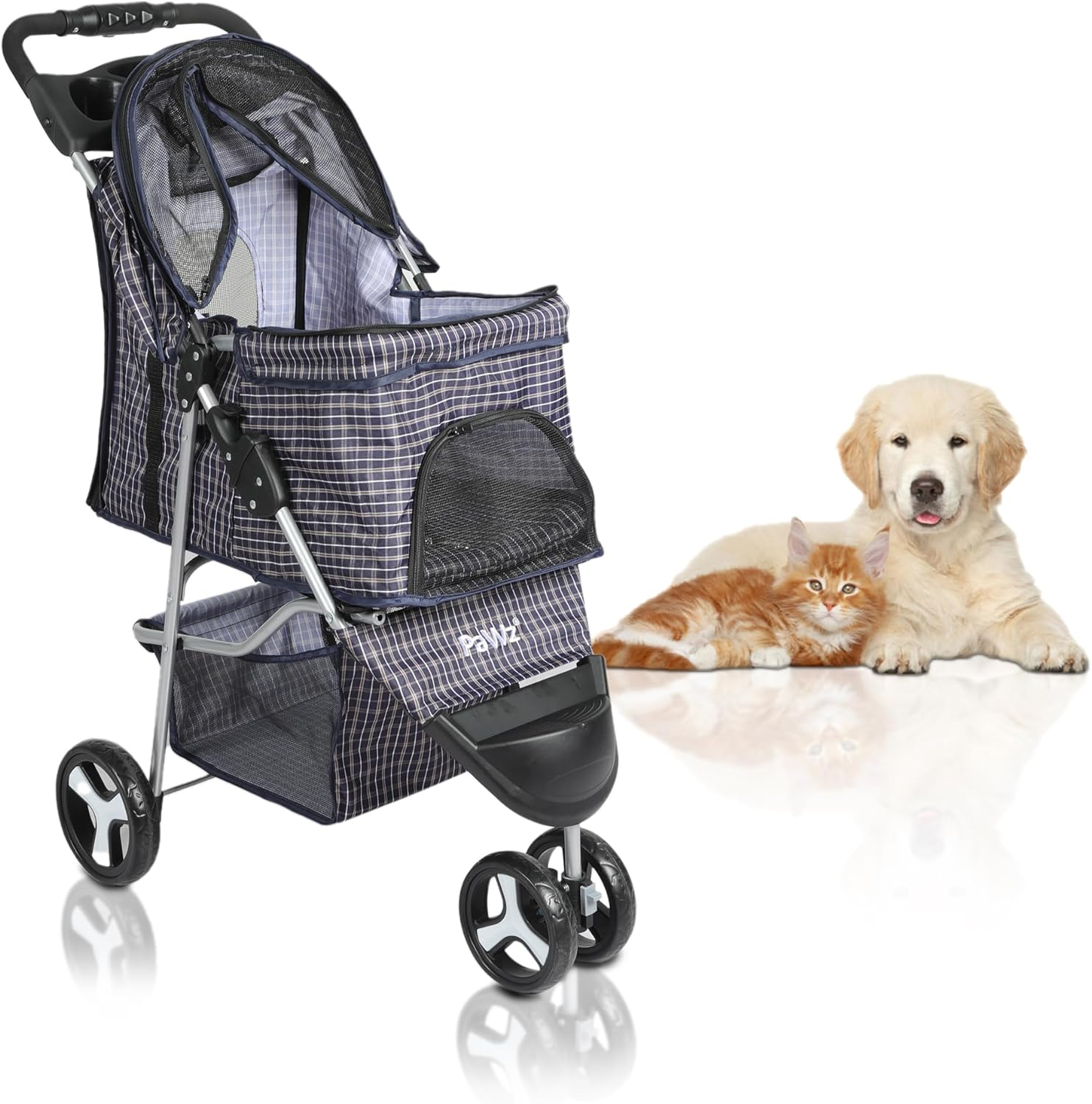 Pawz 4 Wheels Pet Stroller Dog Cat Cage Puppy Pushchair Travel Walk Carrier Pram Black, Collapsible for Storage Travel Pet Pram, Removable Cushion Dog Car Seat, Dog Cat Stroller with Coffee Cup Holder
