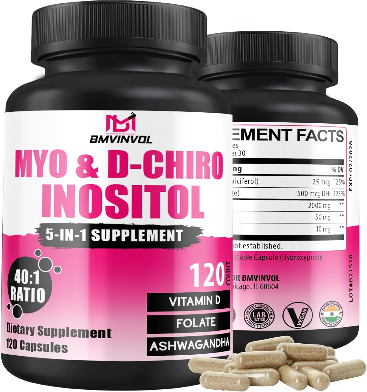 2,050Mg Myo-Inositol & D-Chiro Inositol Capsules with Folate, Vitamin D- Hormone Balance & Ovarian Support for Women - Ideal 40:1 Ratio - 120 Capsules