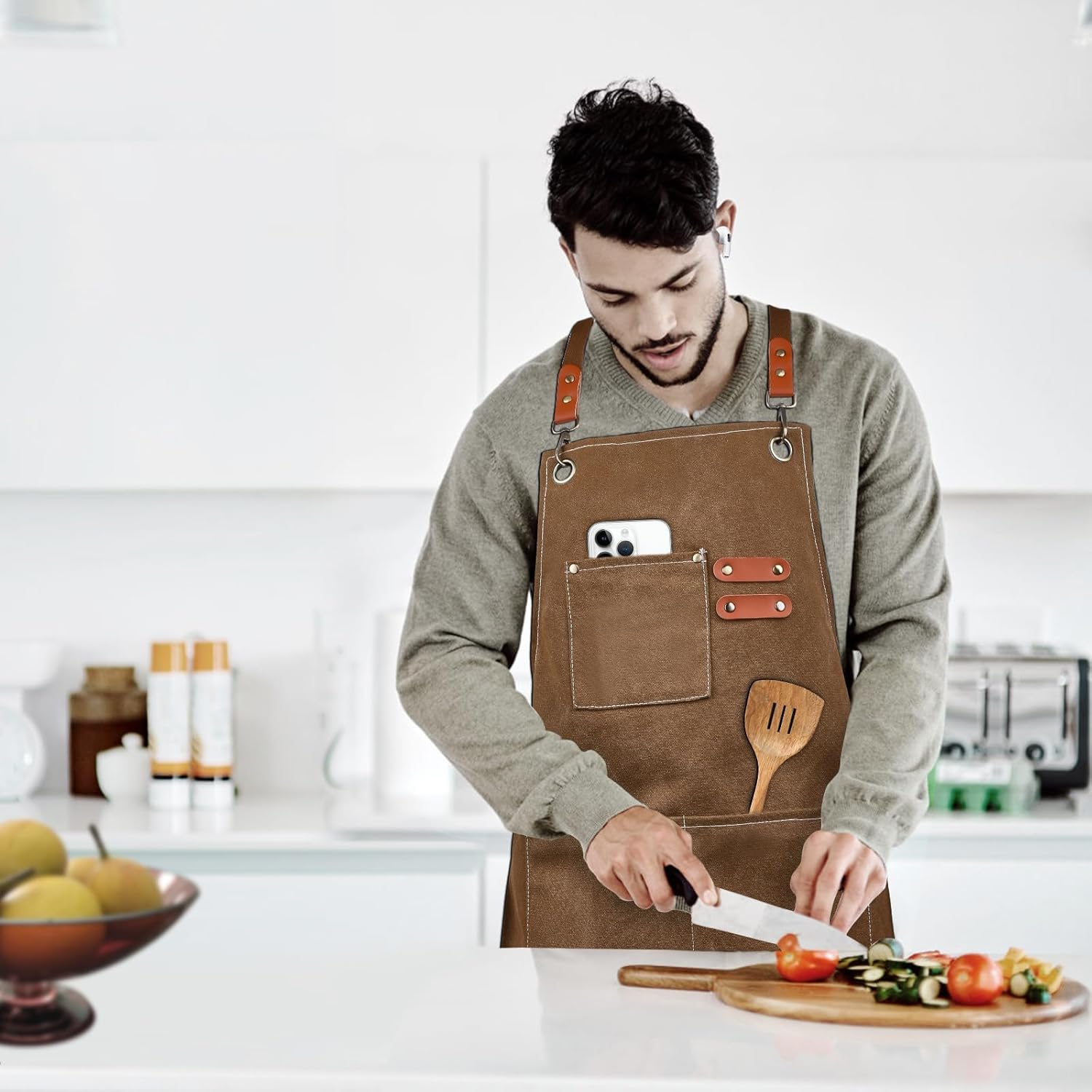 IKEEP Canvas Work Aprons for Men with Pockets Adjustable Strap and Large Pockets Apron Kitchen Cooking Baking Chef Apron image number 4