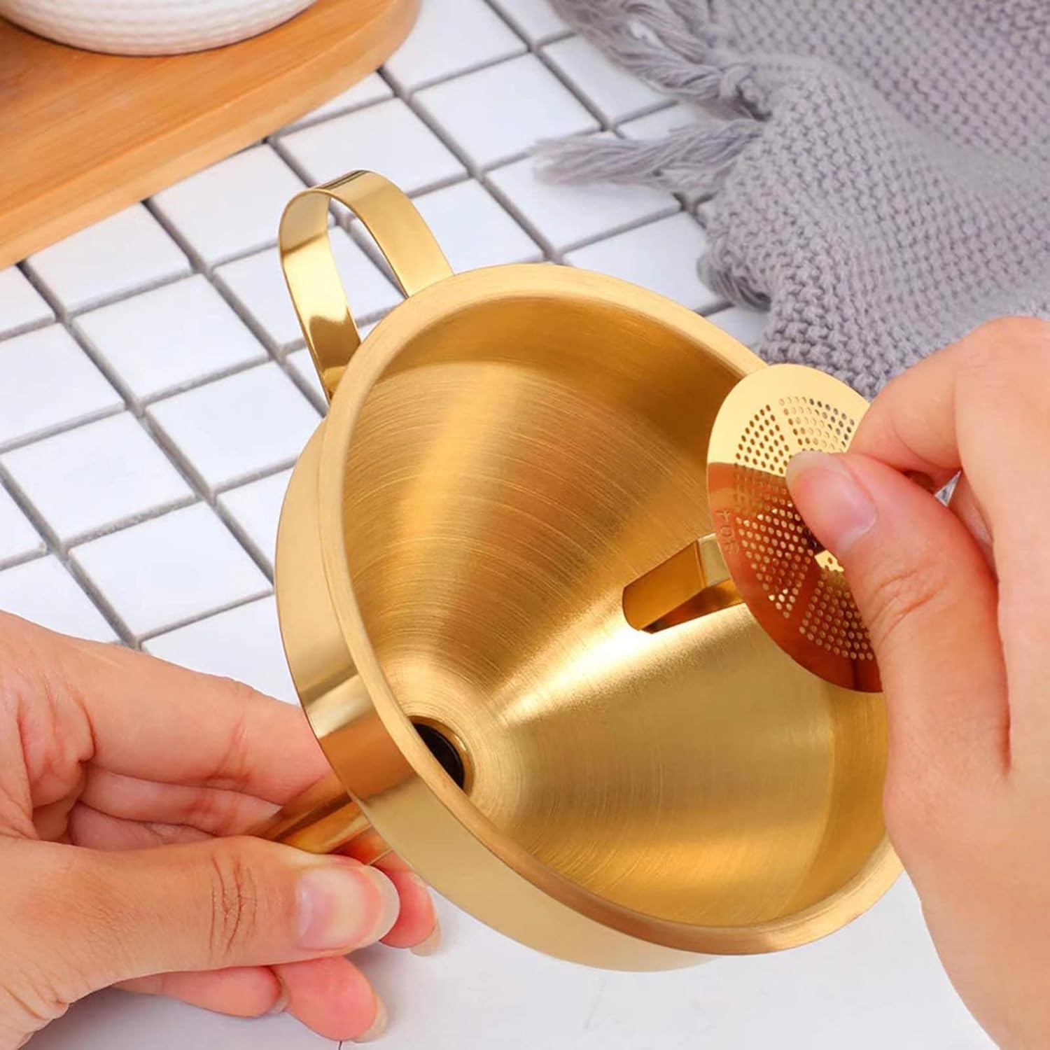 Stainless Steel Funnel Set Gold Kitchen Funnel Small Home Funnel 5 Inch Food Grade Metal Funnel with 2 Pcs Detachable Filter and 1 Pcs Cleaning Brush Perfect for Transfer Liquids and Powders -Gold image number 2