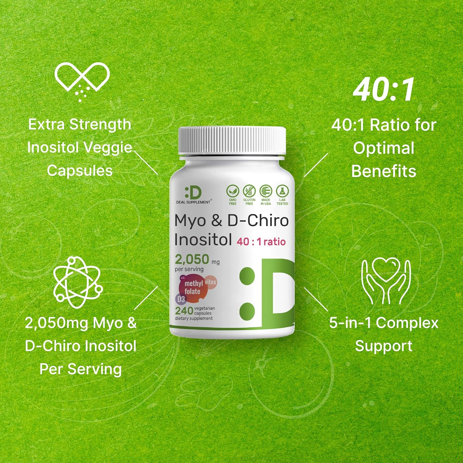 Myo-Inositol & D-Chiro Inositol Supplement (40:1) 2,050Mg per Serving, 240 Veggie Capsules &ndash; with Folate, Vitamin D3, & Vitex Complex &ndash; Women Health Supplements &ndash; Non-Gmo image number 1