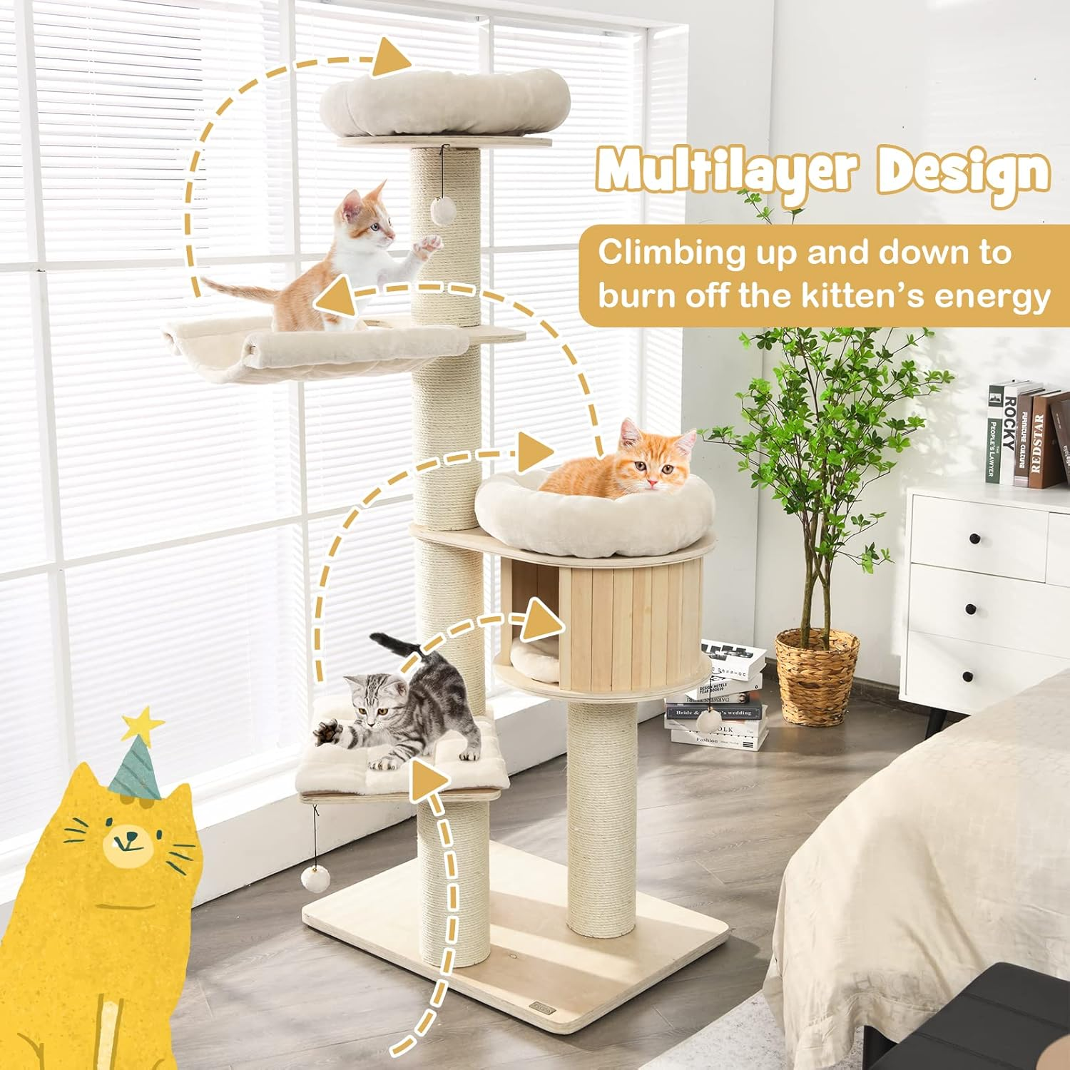 Wood Cat Tree for Indoor Cats, Tall Modern Cat Tower W/Sisal Scratching Posts, Condo, Padded Perch, Hammock, Napping Bed, Dangling Ball, Multi-Level Pet Furniture Kitty Activity Center image number 3