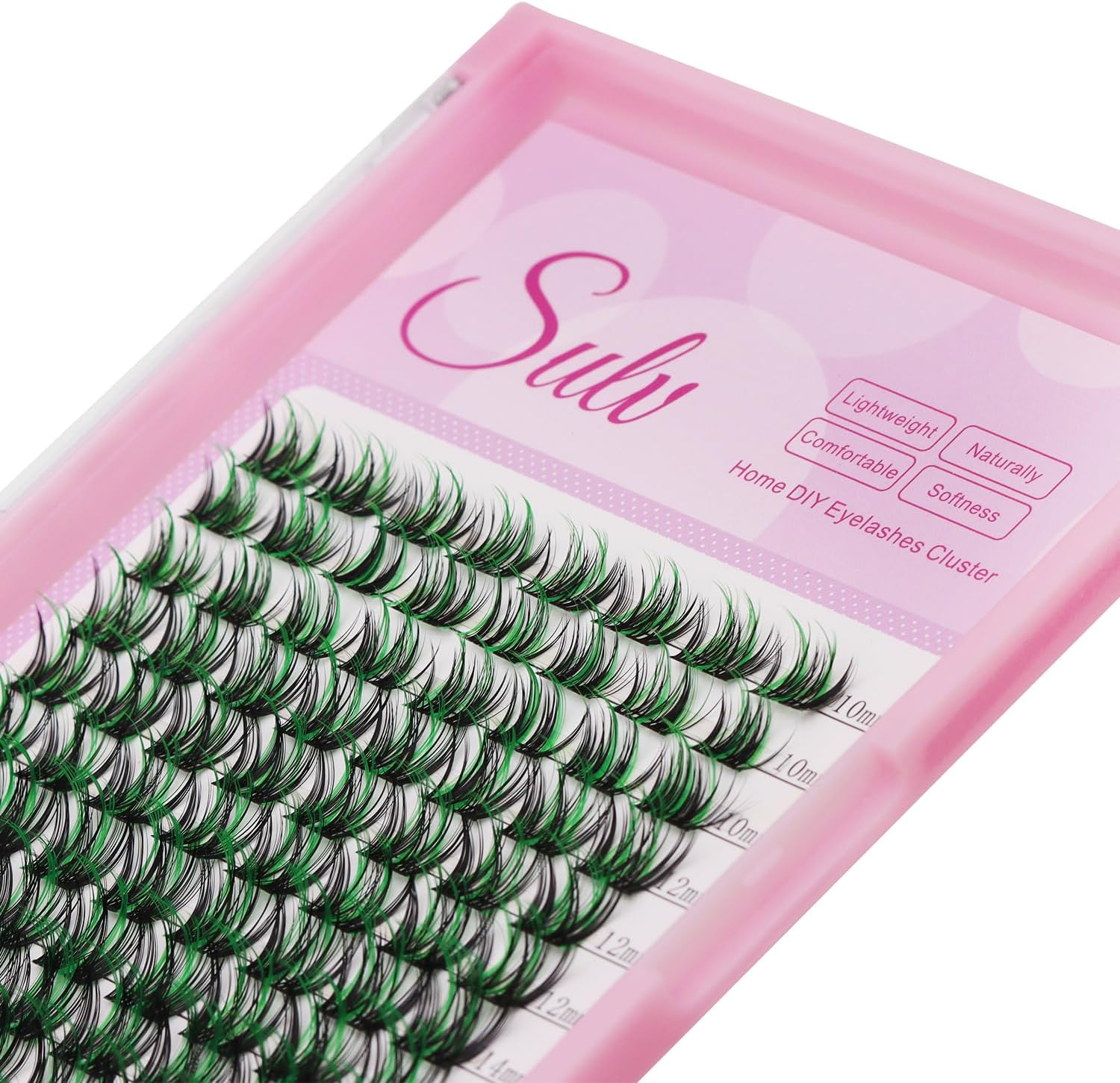 SULV Lashes Cluster D Curl Individual False Eyelash Extensions Cluster 96Cluster 10-18Mm to Choose Black Green Colors Eyelashes Cluster Professional Beauty Accessory DIY at Home (Wm005-12Mm)