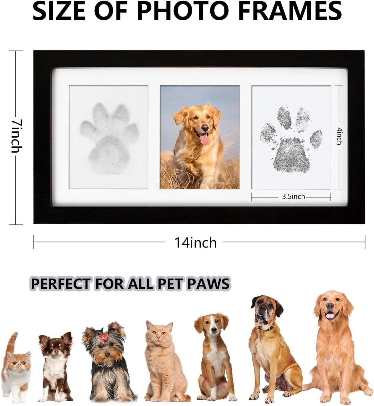 Dog Paw Print Photo Frame Kit with No Toxic Clay & No Mess Ink Pad, Wooden Pet Memorial Picture Frames, Dog Paw Print Kit Keepsake, Cat Paw Print Impression Kit, Memorial Gifts for Pet Lovers, Black, Paw Print Kit White Frame