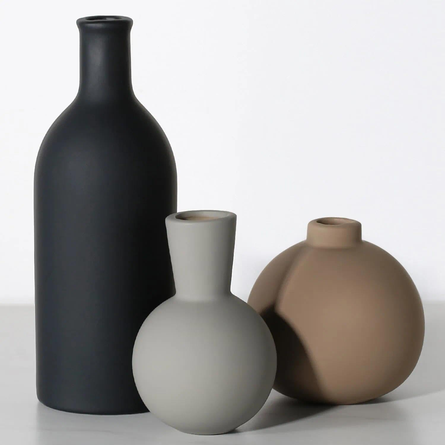 Ceramic Vase - Handmade Pottery Neutral Tone Home Decor for Floral Arrangements, Table Mantel Tray Decor - Modern Farmhouse Vases for Living Room Bedroom Kitchen Entryway (Multicolor- 3 PCS) (Black) image number 3
