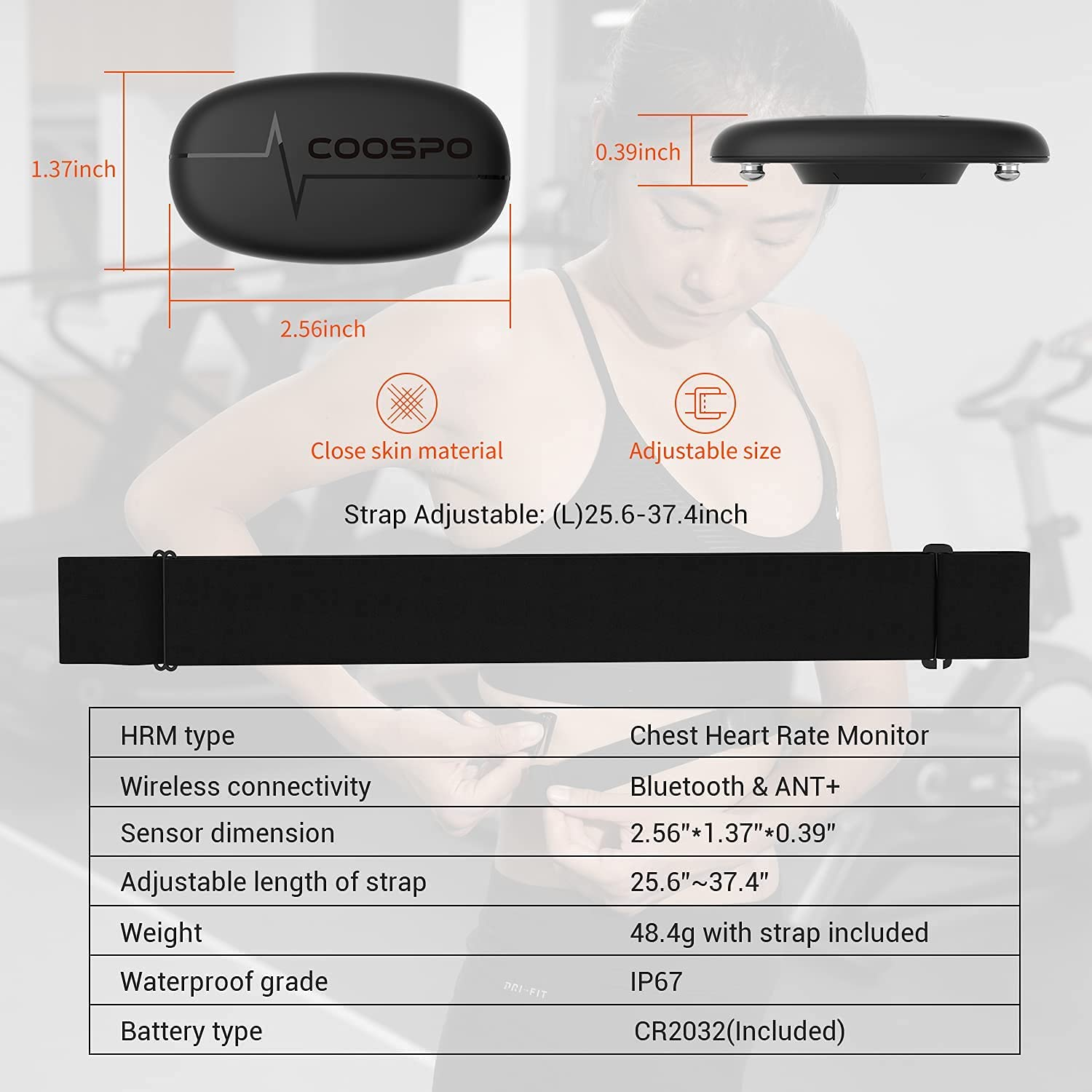 COOSPO Heart Rate Monitor Chest Strap Bluetooth4.0 ANT+ Heart Rate Monitor Strap HR Sensor with Chest Strap IP67 Waterproof Compatible with Peloton Zwift DDP Yoga Bike Computers Sports Watches image number 3