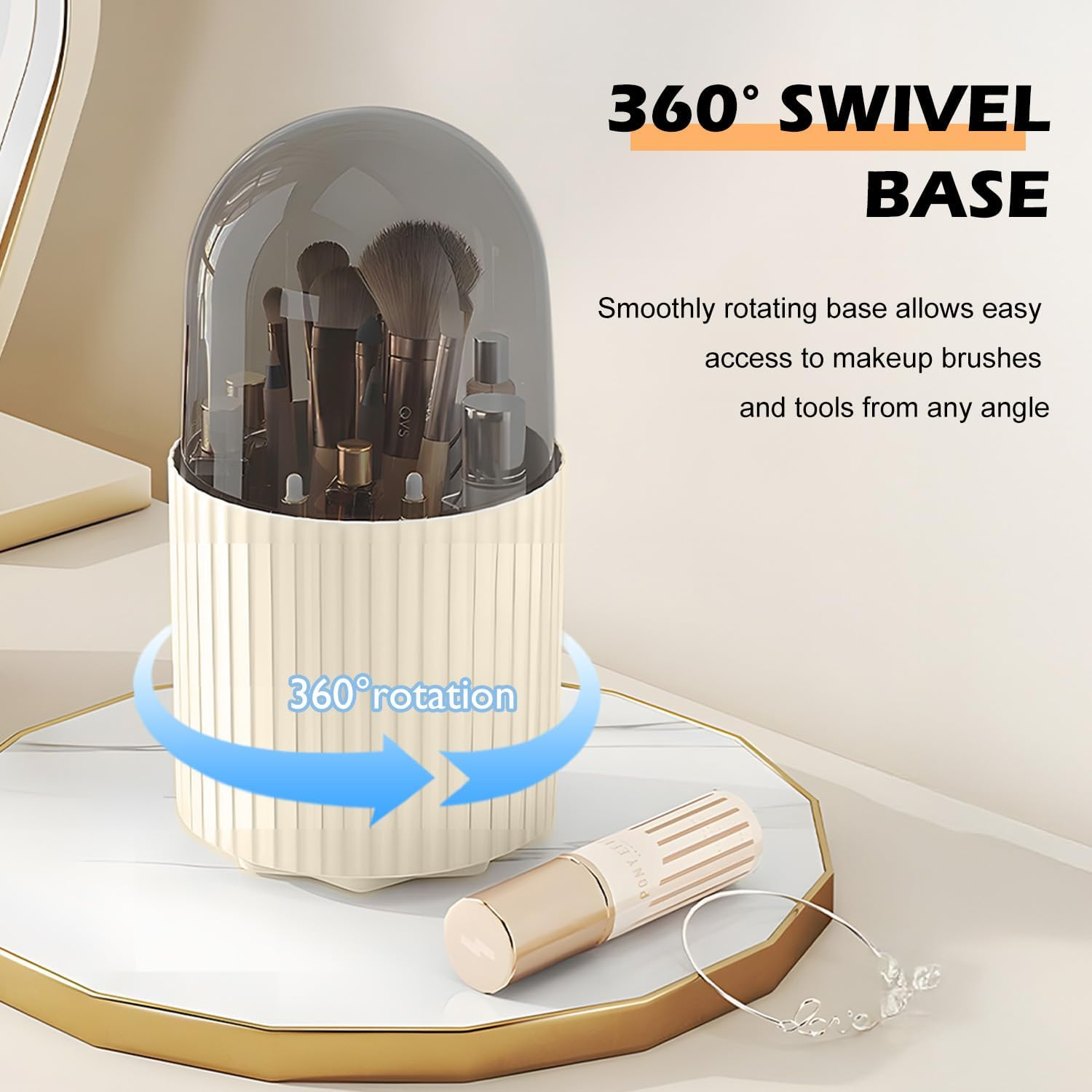 TORMEN Makeup Brush Holder Organizer with Lid 360&deg; Rotating Dustproof Compartment Cosmetic Display Case for Vanity Bathroom Countertop (White)