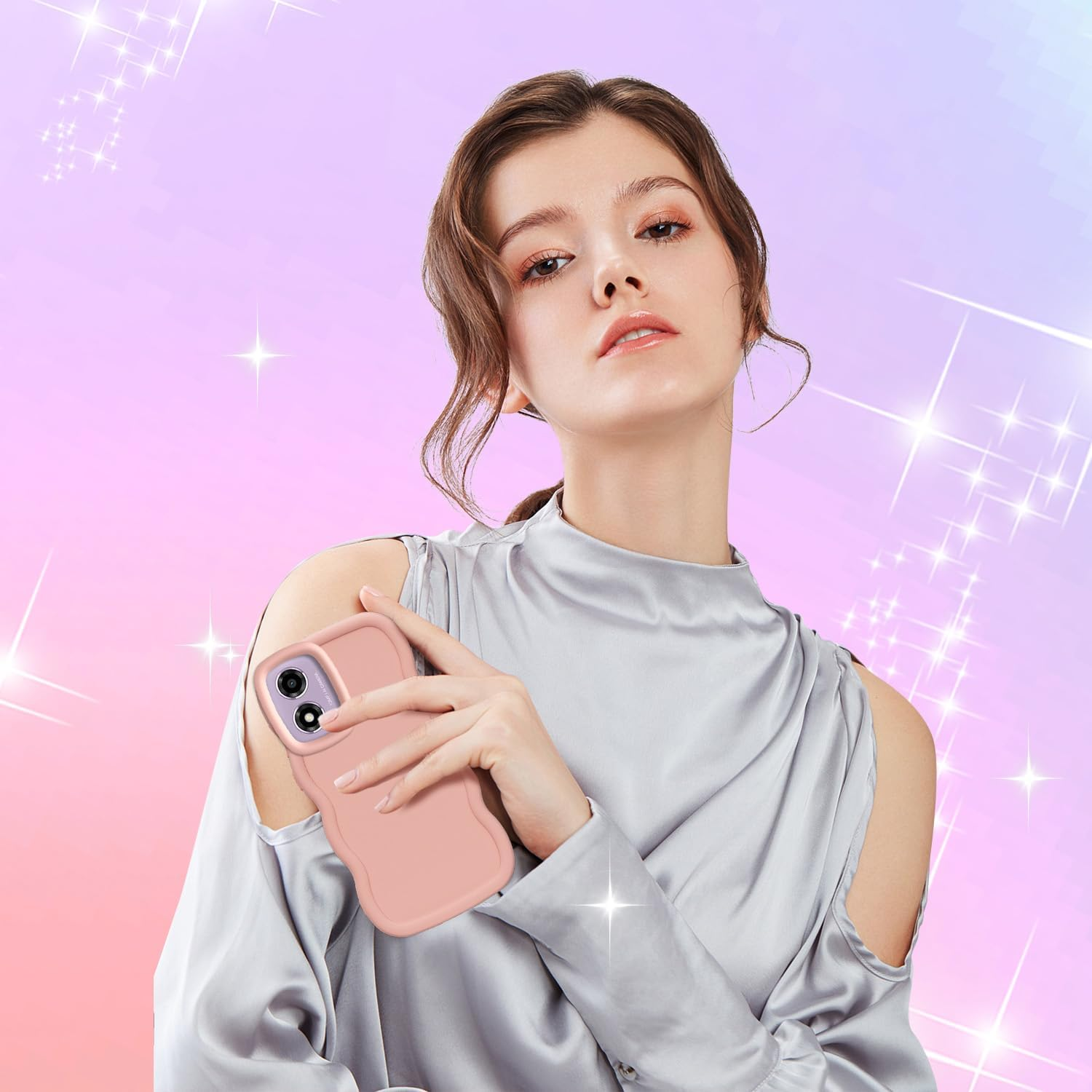 XINYEXIN Liquid Silicone Case for Motorola Moto E14 / Moto G24 / Moto G04, Wave Frame Curly Shape Cute Protective Case Soft Shockproof Bumper Cover - Pink - Black image number 5