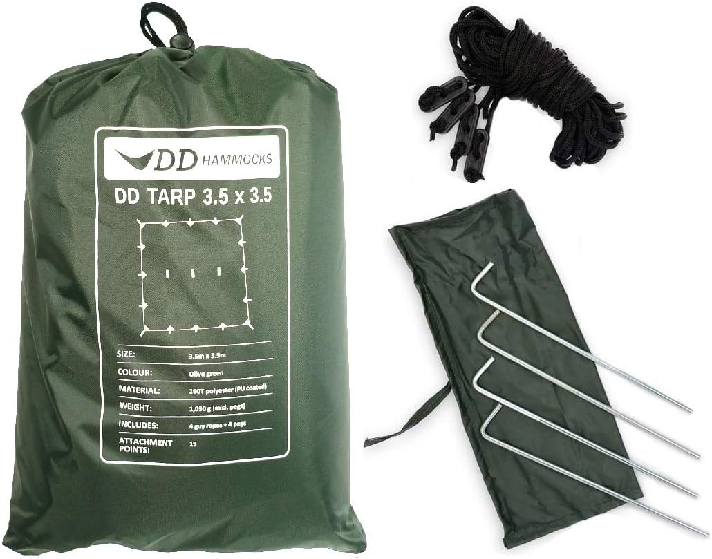 DD Hammocks Tarp 3.5 X 3.5 - Olive Green (11.5Ft X 11.5Ft) - 100% Waterproof - Lightweight & Multifunctional Large Rainfly Tarp Tent Shelter for Camping Bushcraft & Survival Adventure