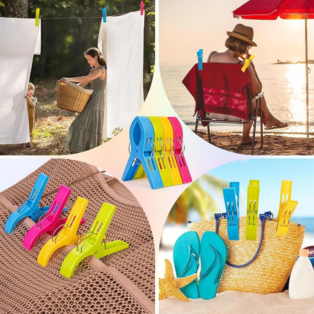 16 Pack Beach Towel Clips, Plastic Chair Clips Towel Holder Clothes Pins for Beach Chairs Hanging Clip Clamps, Beach Accessories for Vacation
