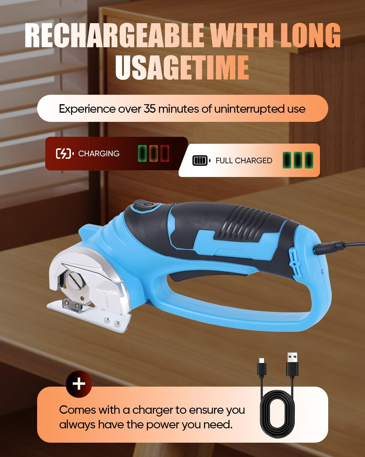 SWNEPOF Cordless Electric Scissors, 4V Rechargeable Fabric Cutter with Safety Lock & Light, Heavy Duty Power Rotary Cutter for Leather, Carpet, Cardboard, Sewing & Crafting, 2 X Blades (Blue) image number 2