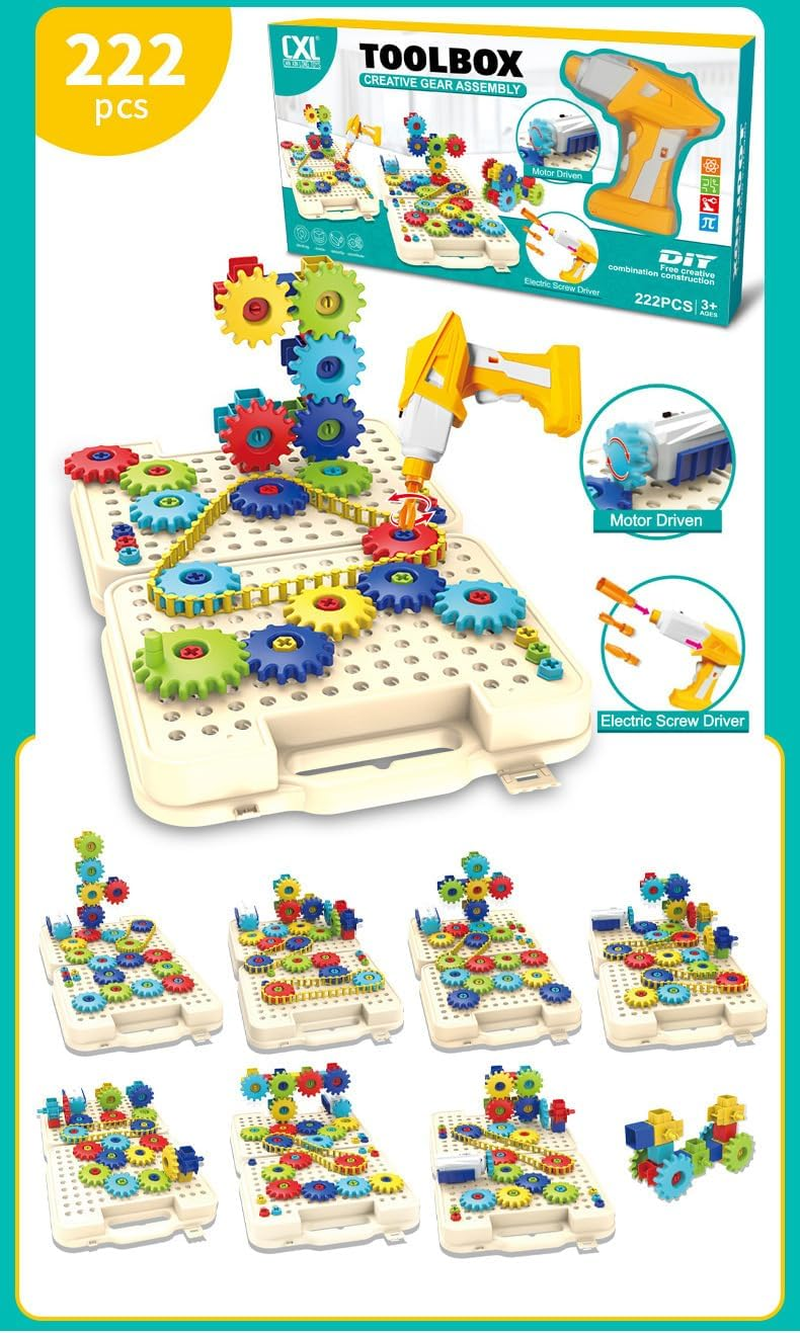 Kids Building Kit, 222 Pieces Creative Gear Set with 2 in 1 Electric Screwdriver, STEM Educational Toy, 3+ Years image number 3