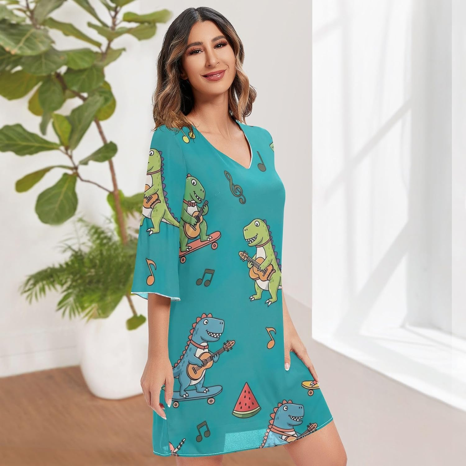 Colorful Cartoon Dinosaur Short Dress Printed Maternity Dress Party image number 2