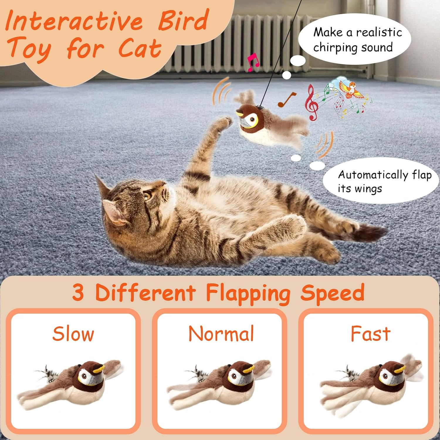 Bestek Flappy Bird Cat Toy(No Flying),Simulated Flapping Wings&Chirping Flying Bird Cat Toy,Rechargeable,Interactive Catnip Toys for Indoor Oudoor,Kittens and Small Dog image number 5