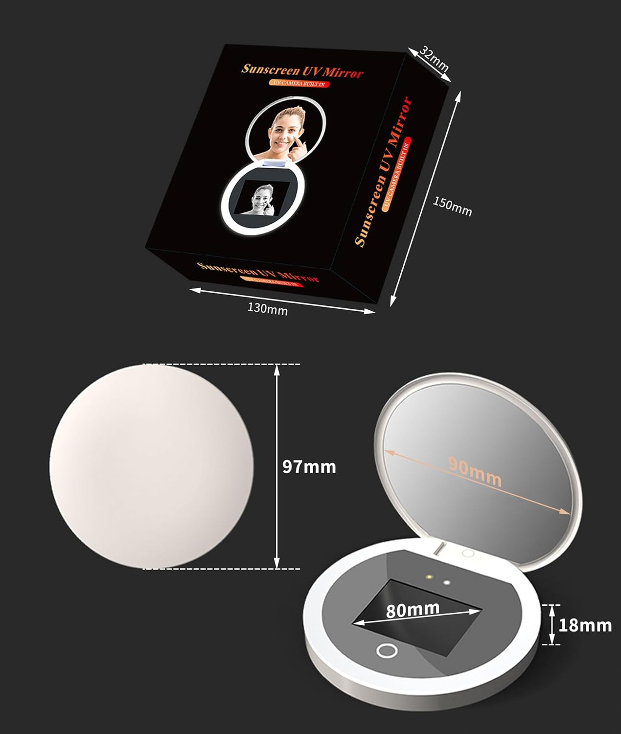 UV Sunscreen Testing Mirror, 2X Magnification 3.5In Pocket Size Sunscreen Testing Camera with Light, Sunscreen Testing Camera Travel Makeup Pocket Mirror with UV Camera image number 3