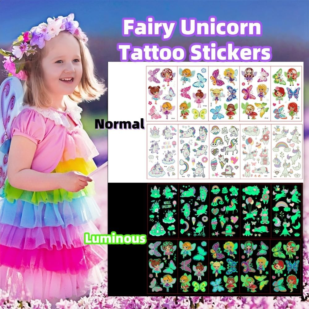 10 Sheets Children'S Tattoos Girls, Fairy Unicorn Tattoos Girls Children'S Birthday Party Favours Gift Girls 3 4 5 6 7 8 9 10 Years Toy Girls Luminous Tattoos Children Butterfly Decoration Birthday - Colour-E image number 4
